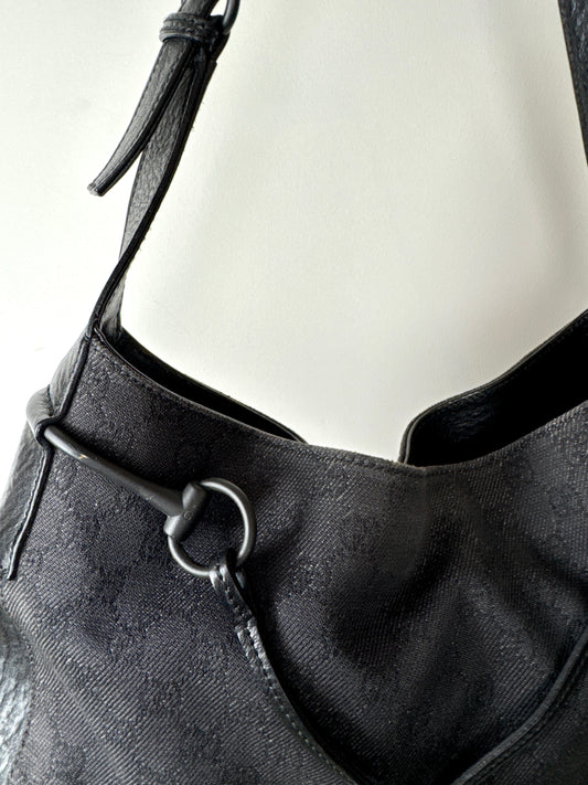 Gucci Black Monogram Horsebit Hobo Bag — Late 1990s