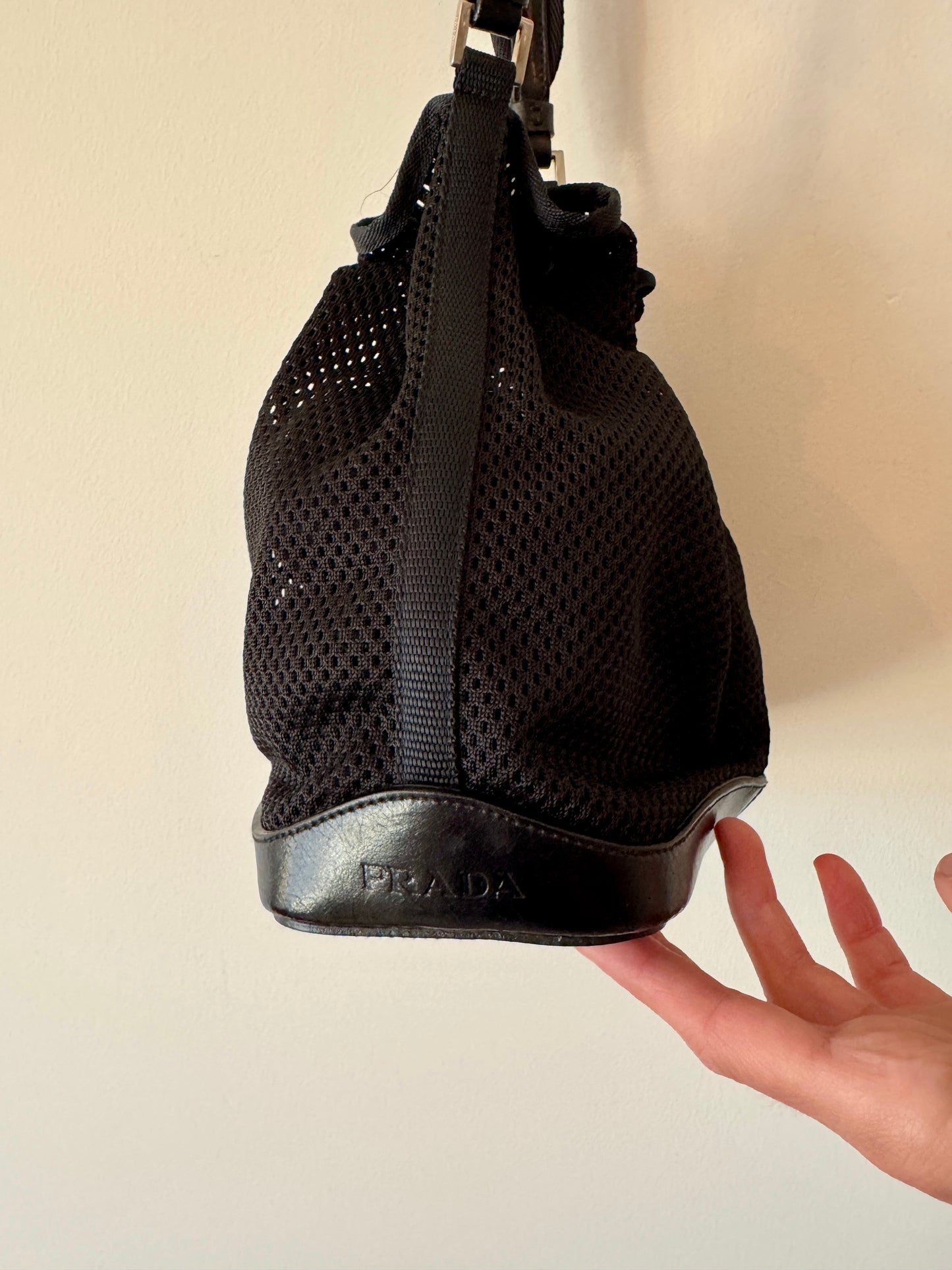 Prada Black Mesh Bucket Bag with Leather Trim