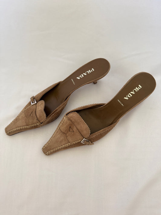 Prada Whipstitch Suede Kitten Heel Mules