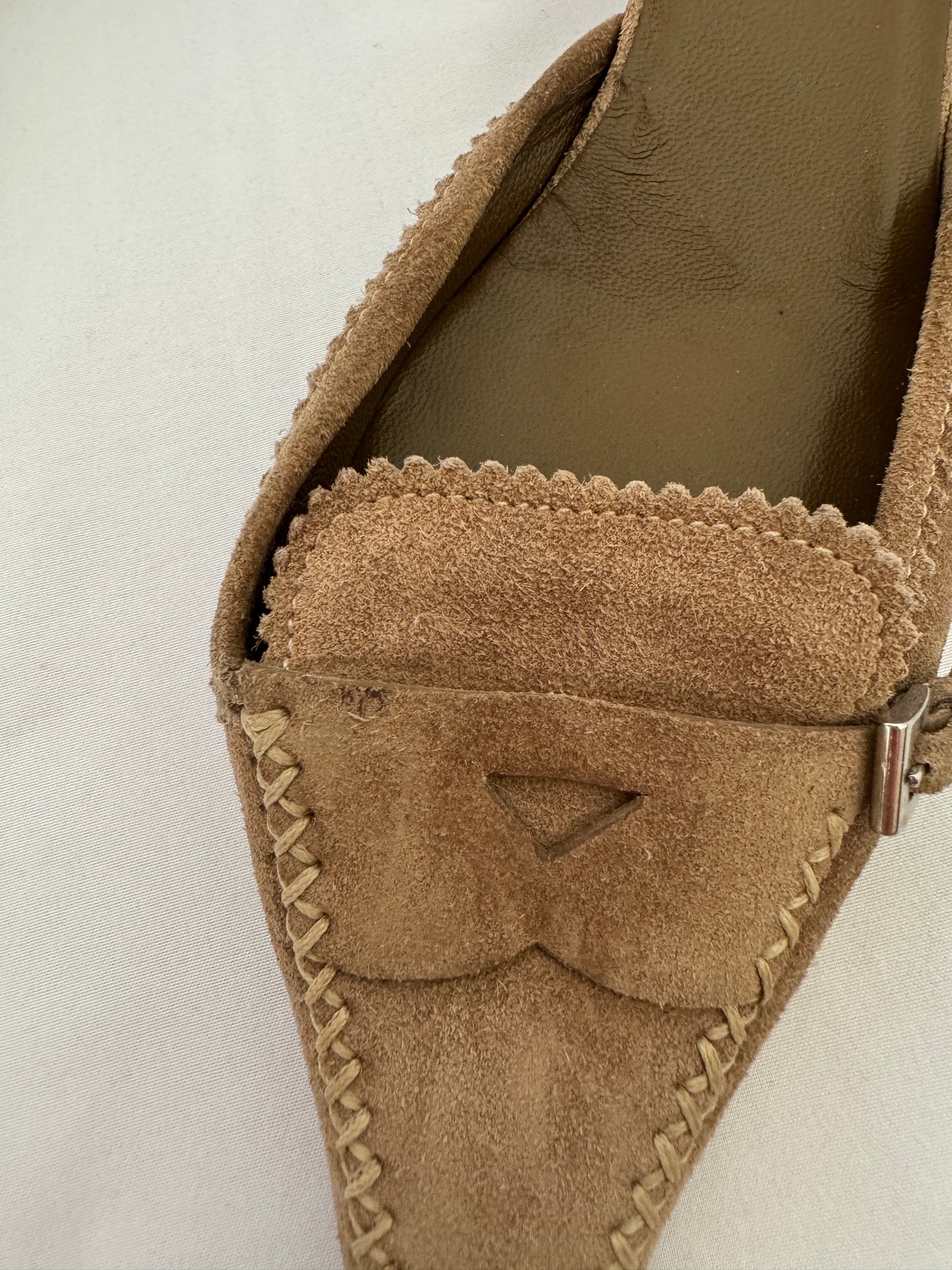 Prada Whipstitch Suede Kitten Heel Mules