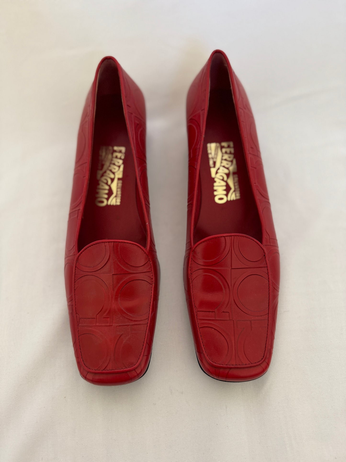 Ferragamo Red Embossed Leather Heeled Loafers