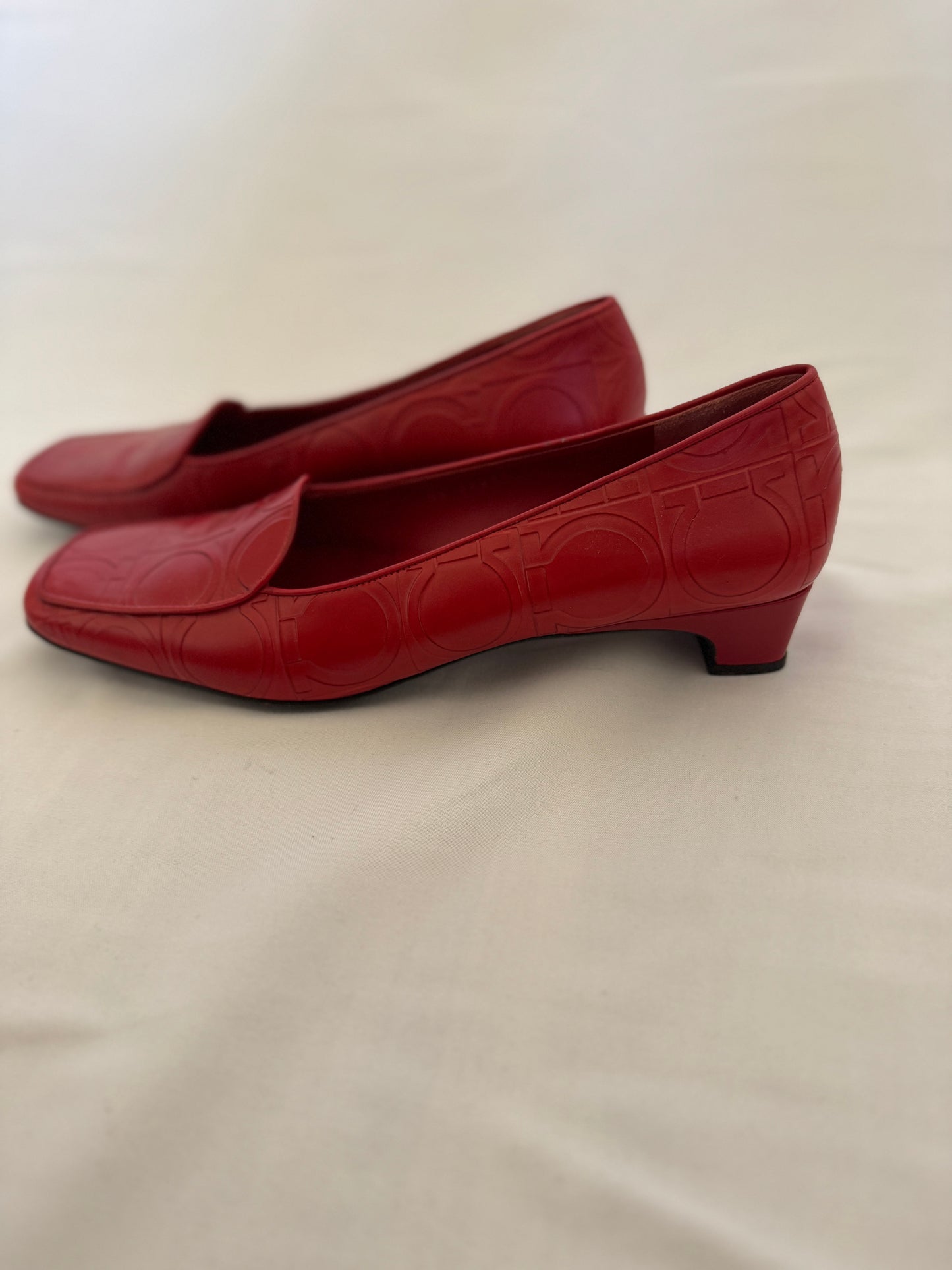 Ferragamo Red Embossed Leather Heeled Loafers