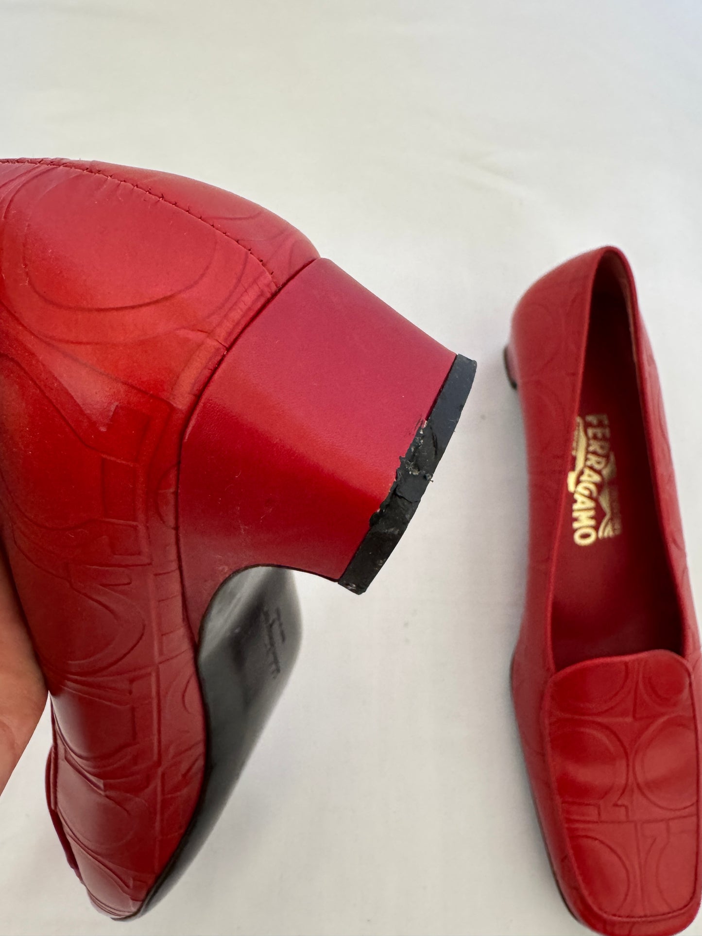 Ferragamo Red Embossed Leather Heeled Loafers