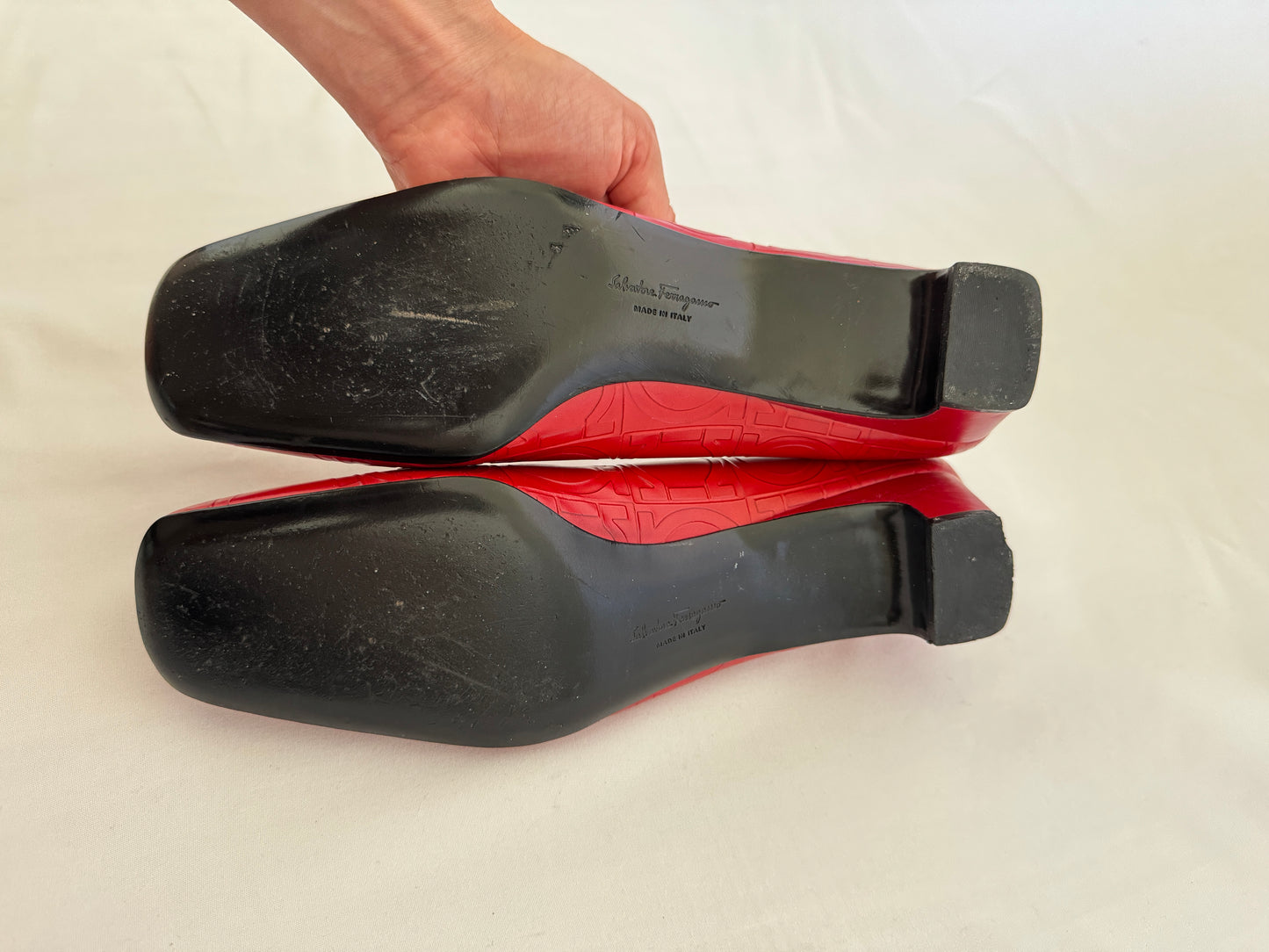 Ferragamo Red Embossed Leather Heeled Loafers