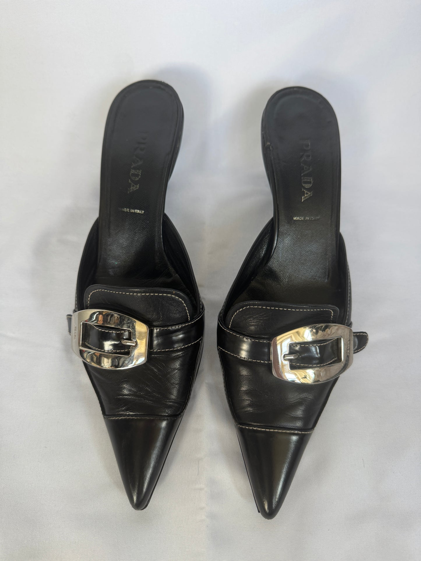 Prada Black Leather Kitten Heel Buckle Mules