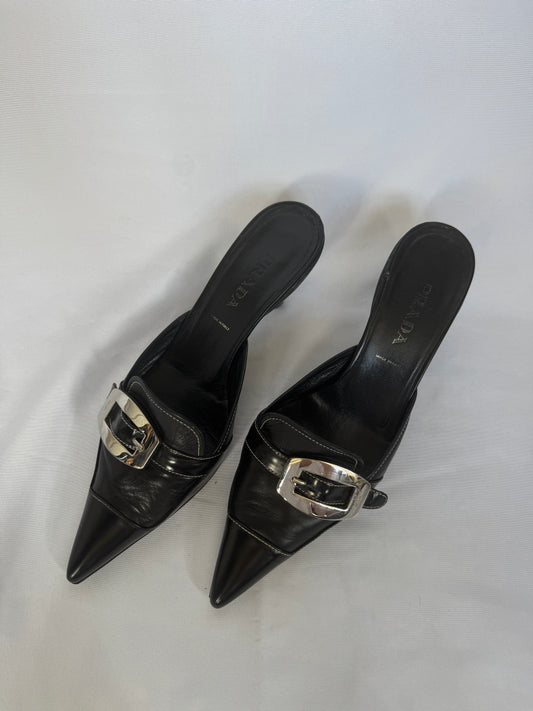 Prada Black Leather Kitten Heel Buckle Mules