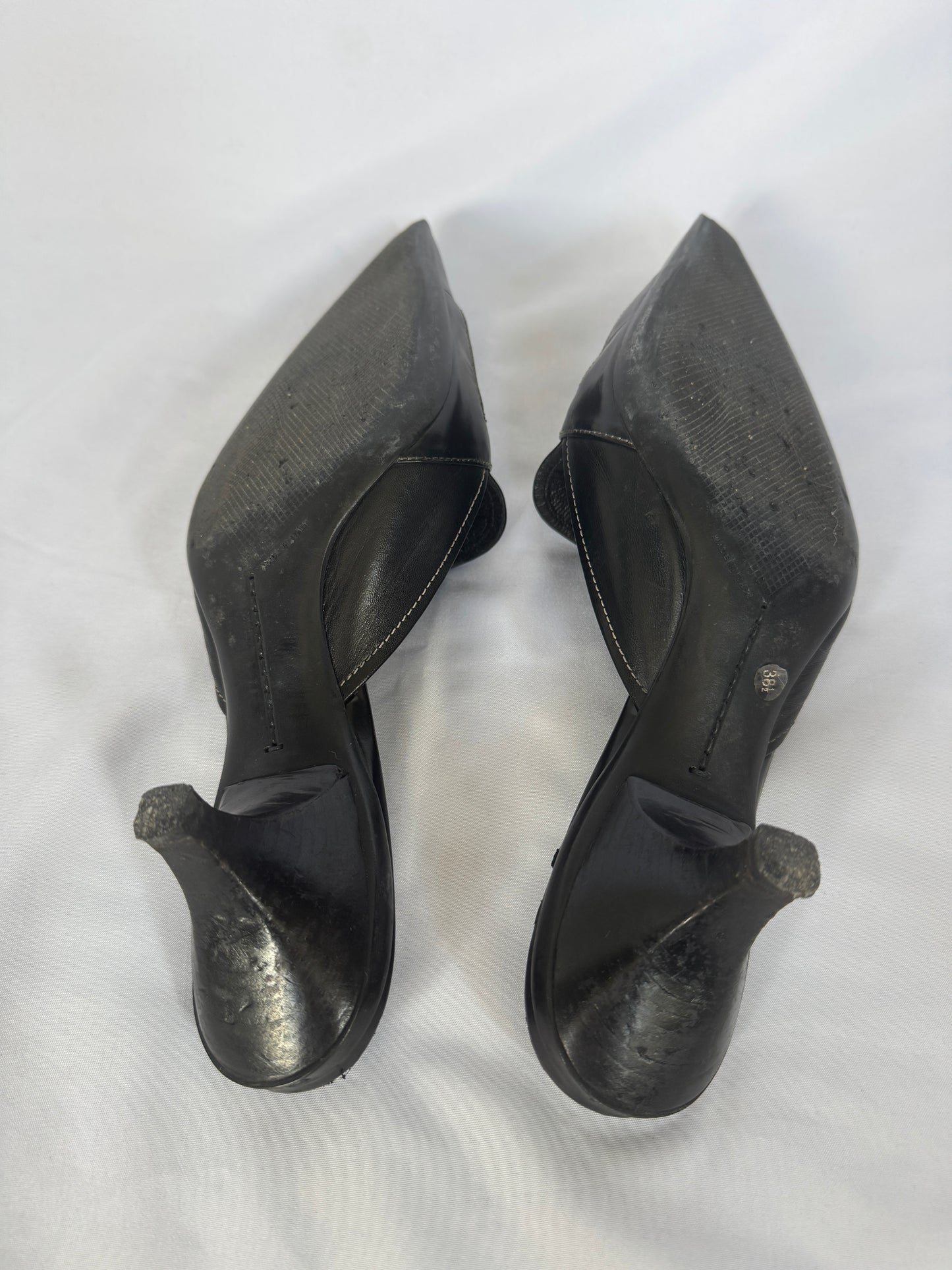 Prada Black Leather Kitten Heel Buckle Mules