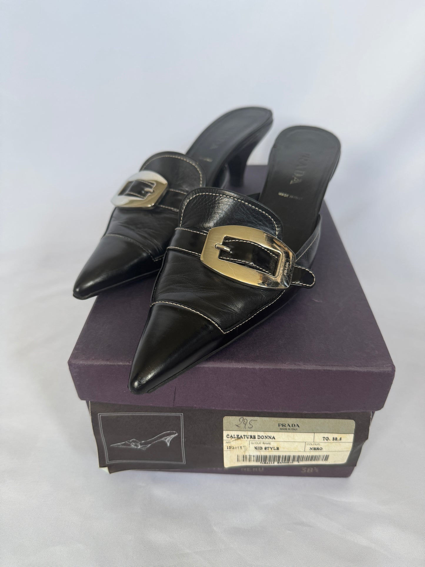 Prada Black Leather Kitten Heel Buckle Mules