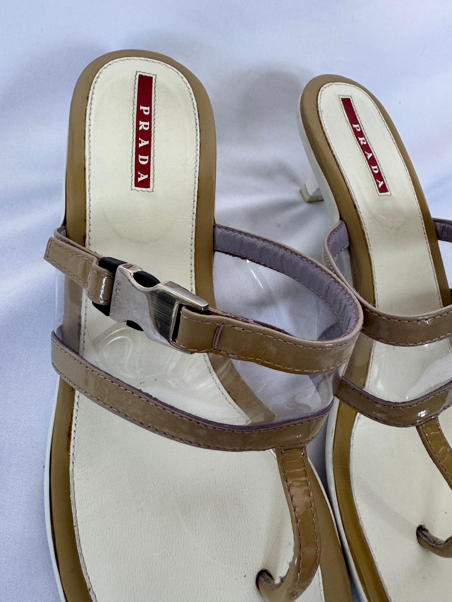Prada Patent Leather and PVC Kitten Heel Sandals