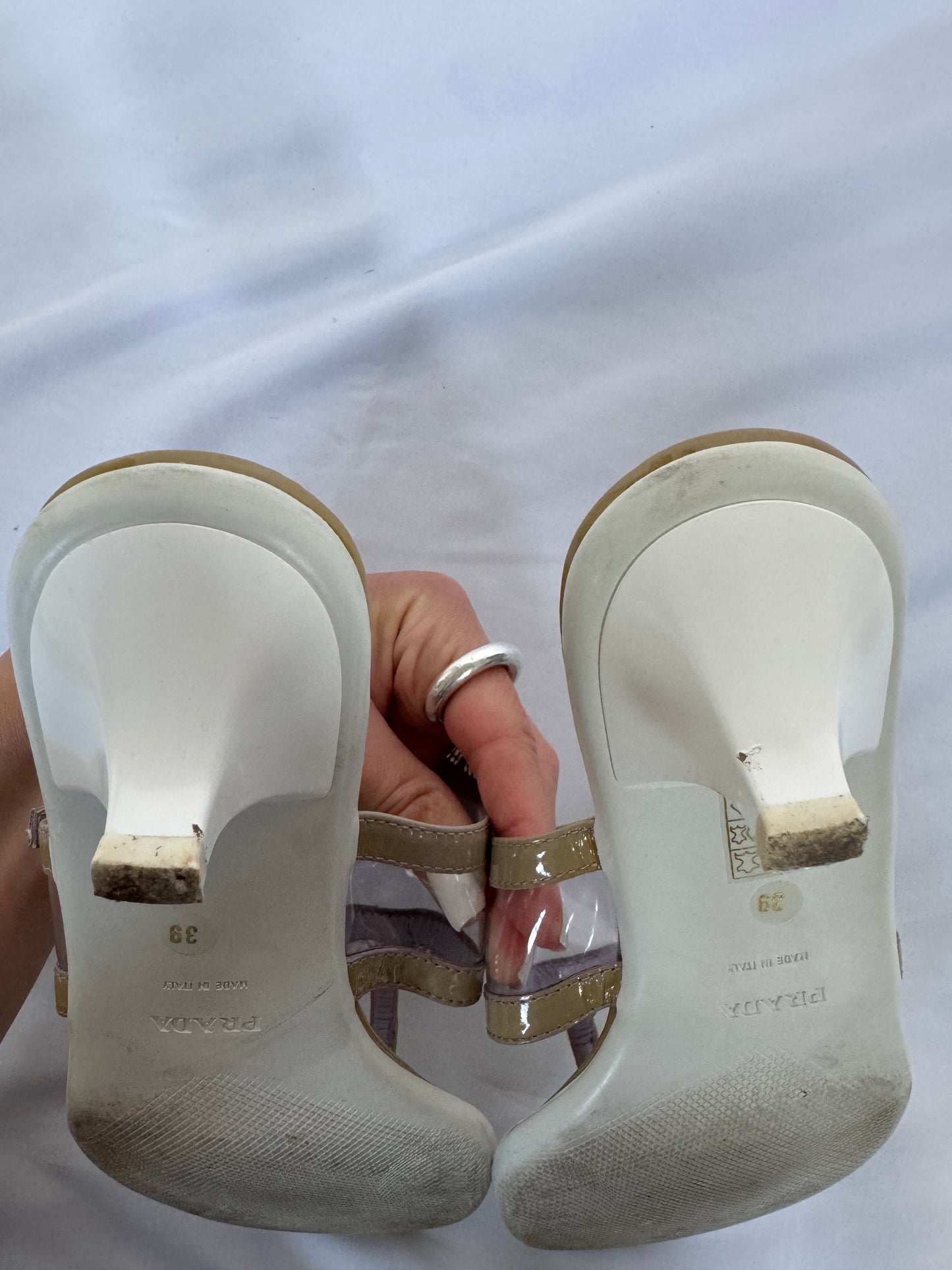 Prada Patent Leather and PVC Kitten Heel Sandals
