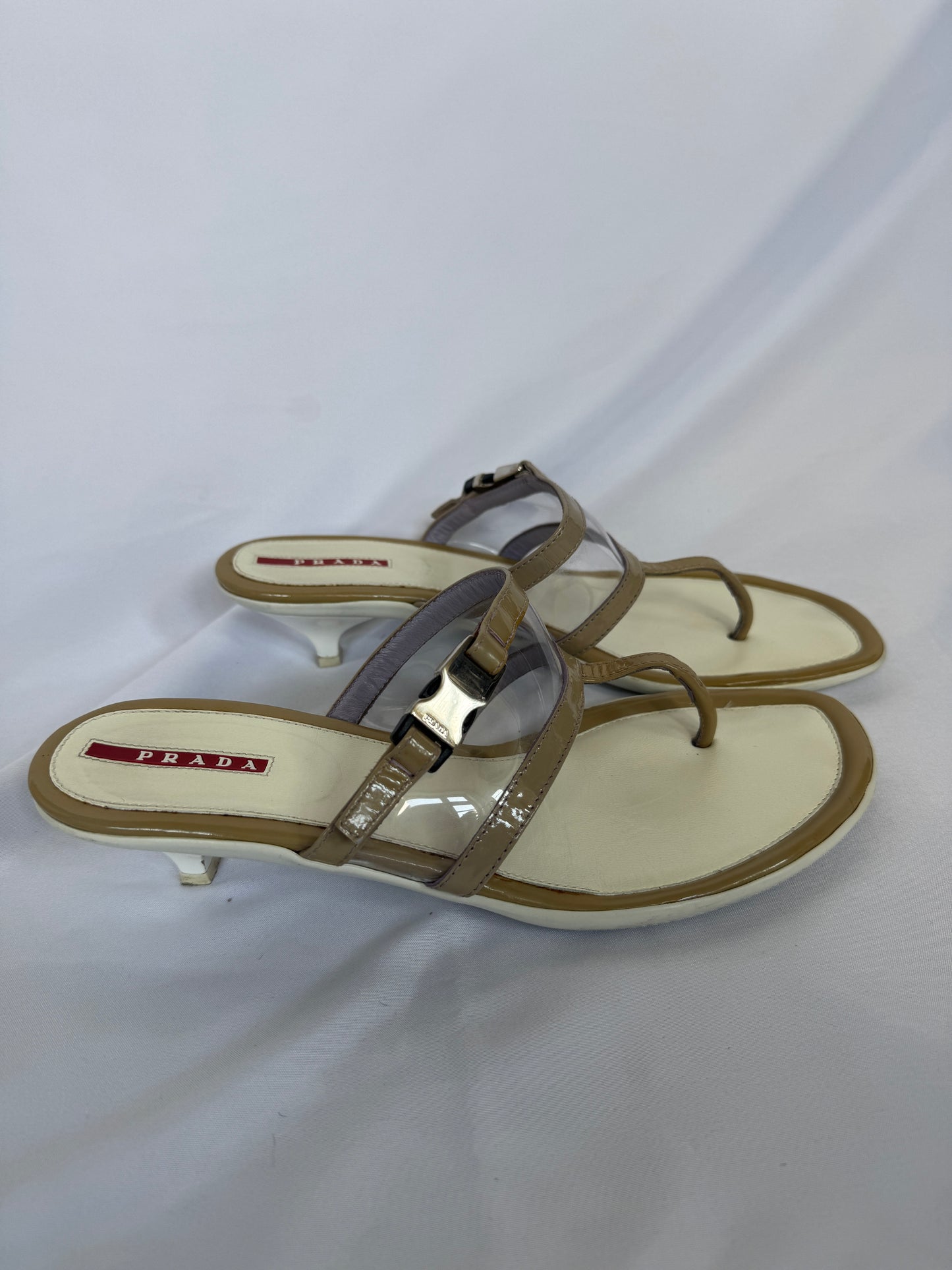 Prada Patent Leather and PVC Kitten Heel Sandals