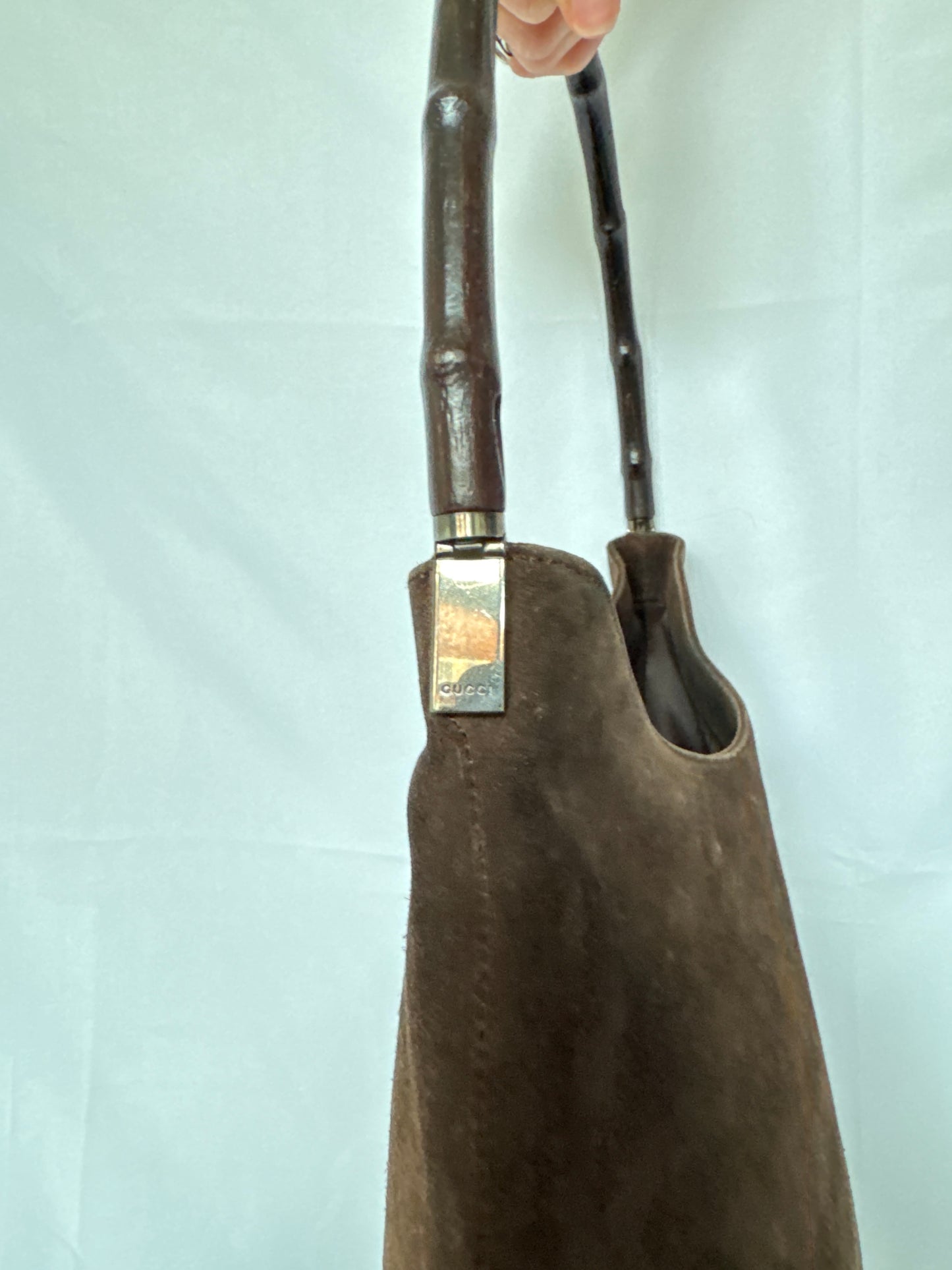 Gucci Bamboo Handle Suede Shoulder Bag