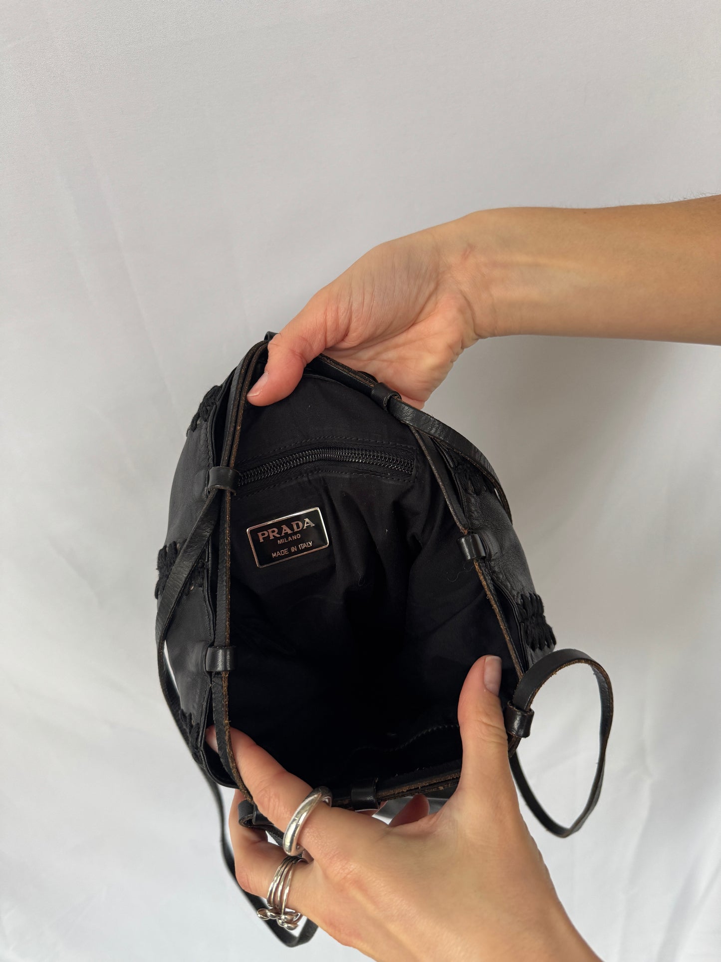 Prada Black Studded & Whipstitched Leather Bucket Bag