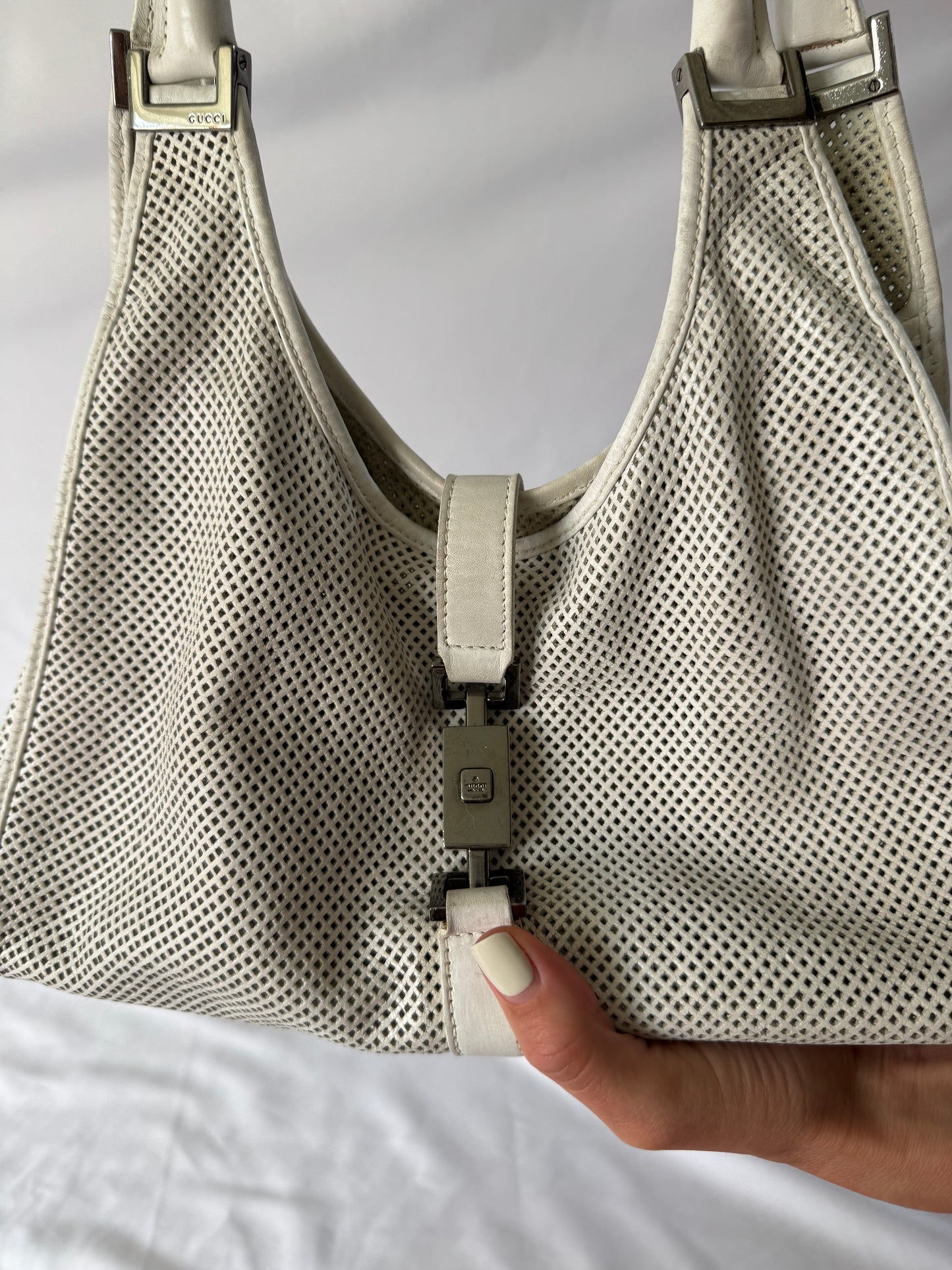 Gucci Jackie Perforated White Shoulder Bag