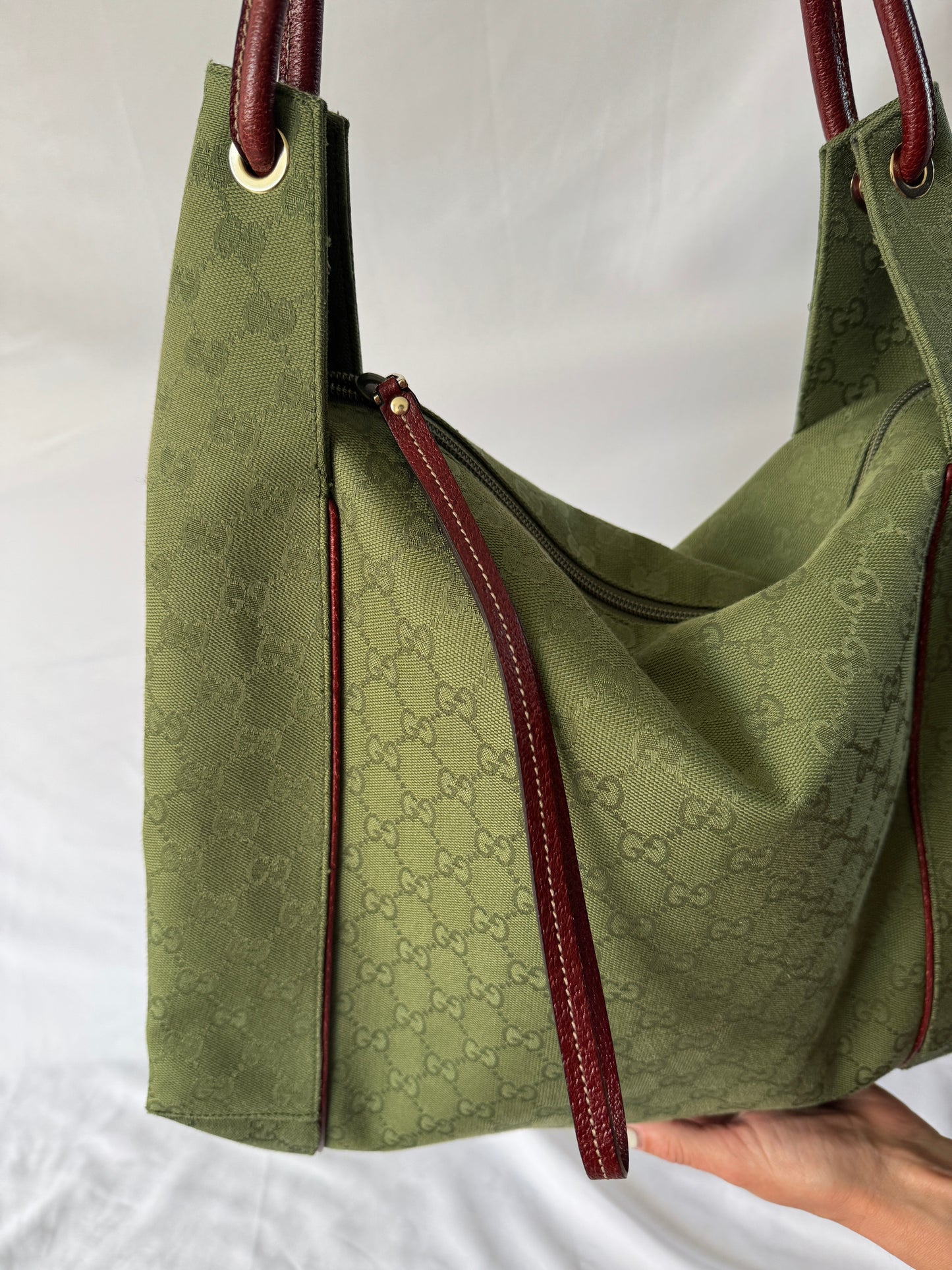 Gucci Green GG Canvas Hobo Bag with Mahogany Leather Straps