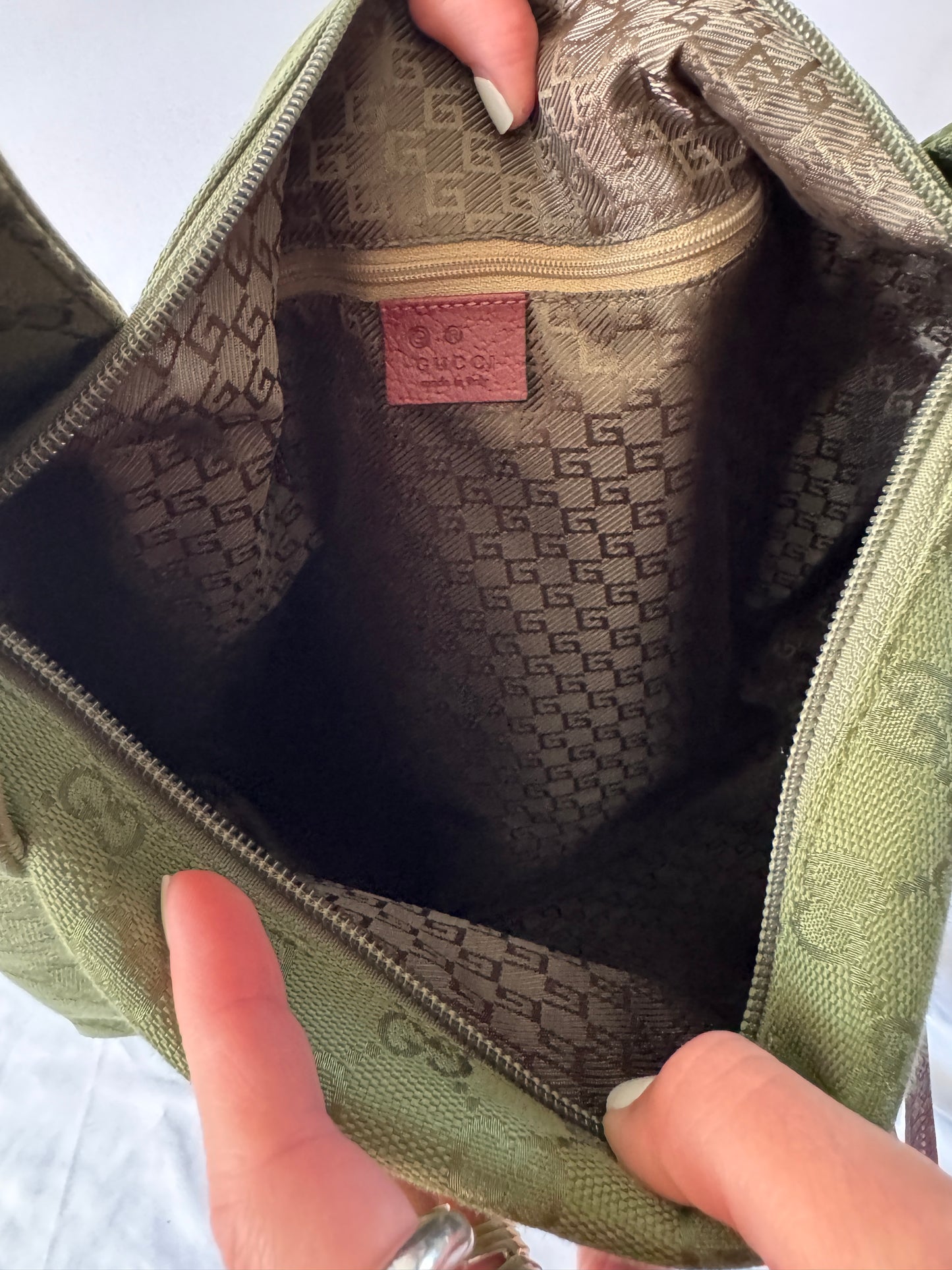 Gucci Green GG Canvas Hobo Bag with Mahogany Leather Straps
