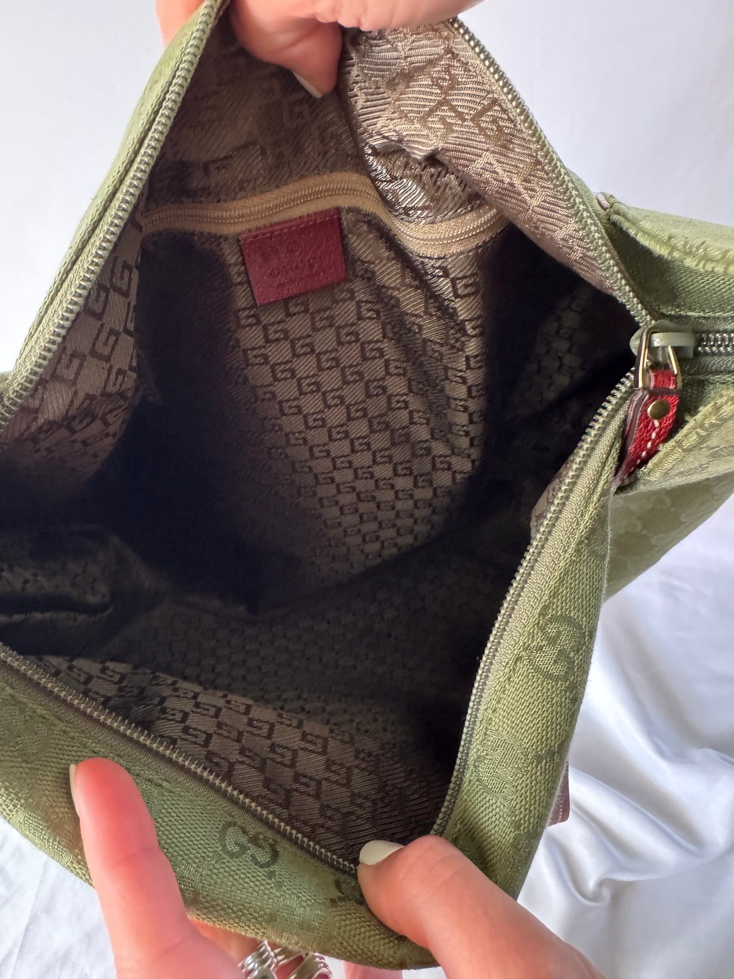 Gucci Green GG Canvas Hobo Bag with Mahogany Leather Straps