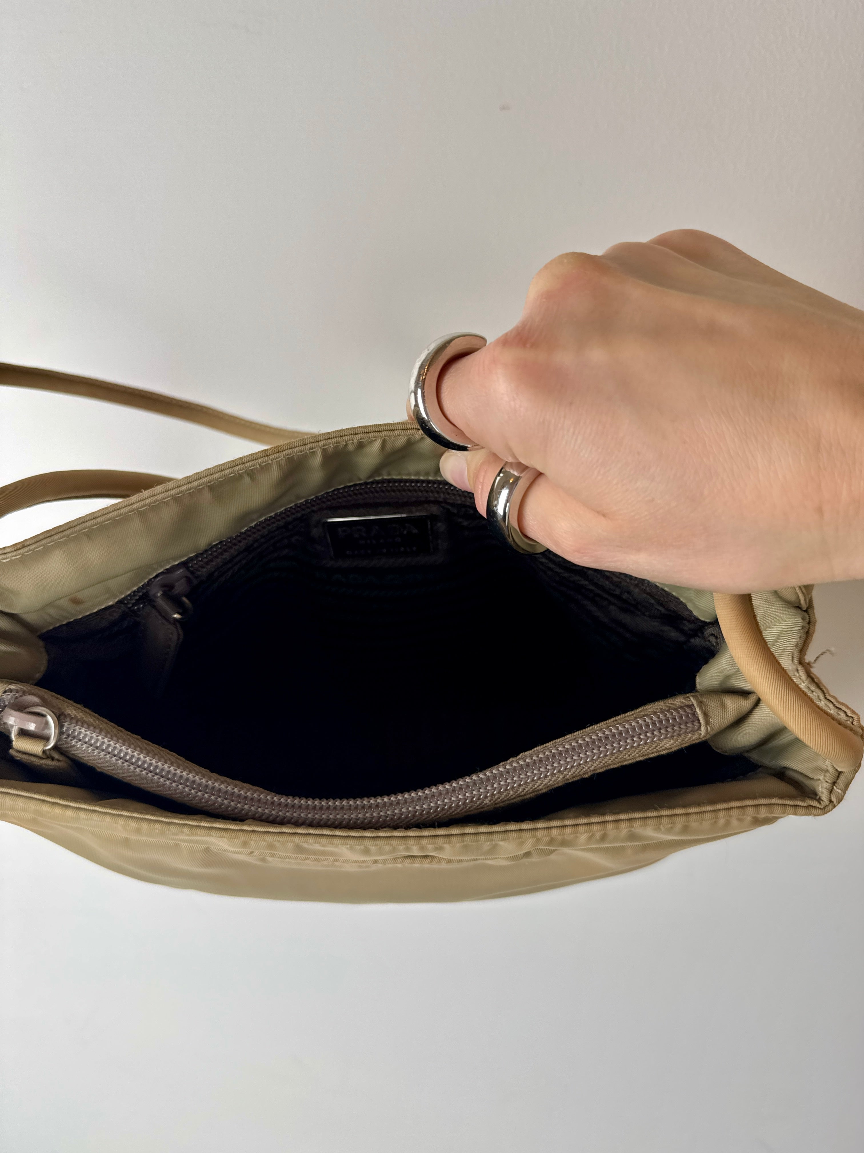 Prada Khaki Nylon Shoulder Bag — 1990s – sourced by