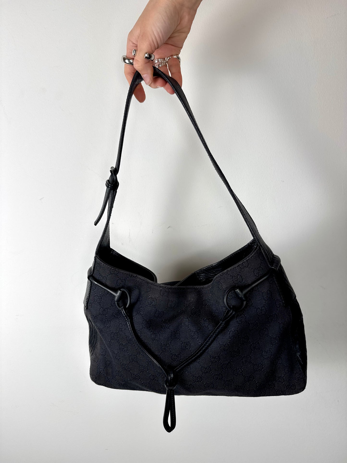 Gucci Black Monogram Horsebit Hobo Bag — Late 1990s