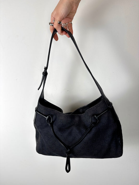 Gucci Black Monogram Horsebit Hobo Bag — Late 1990s