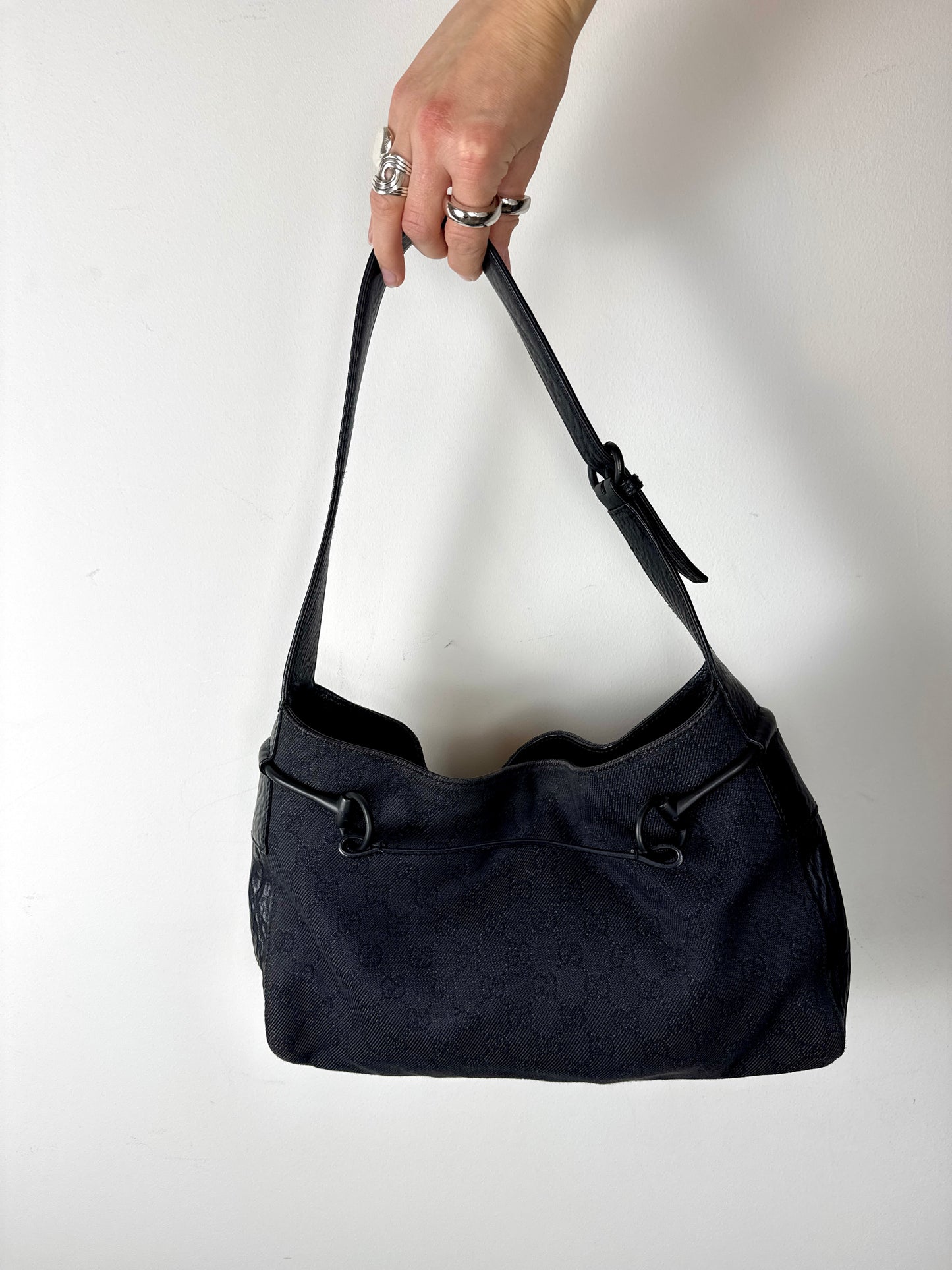 Gucci Black Monogram Horsebit Hobo Bag — Late 1990s