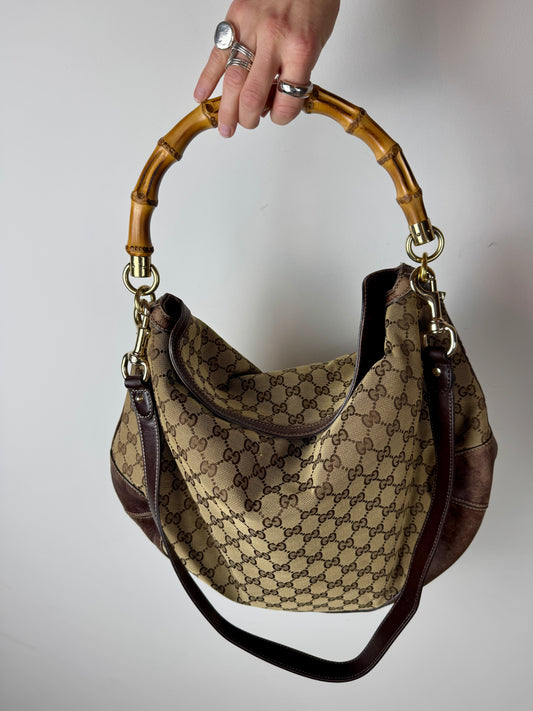 Gucci Peggy GG Canvas Bamboo Hobo Bag — Early 2000s