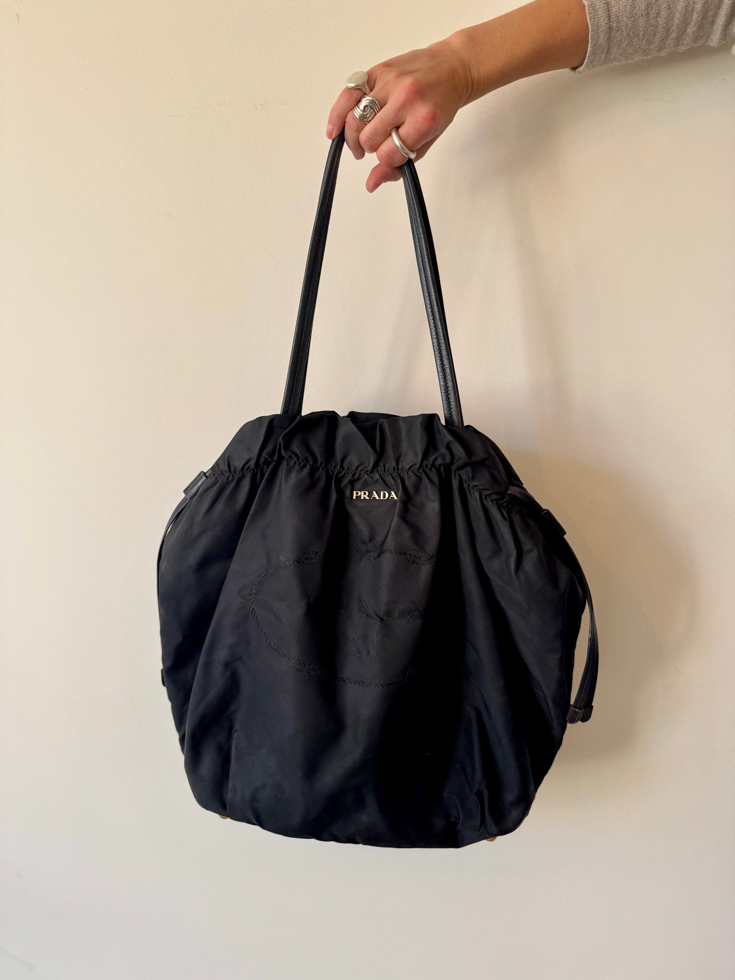 Prada Black Tessuto Nylon Jacquard Logo Tote with Leather Trim