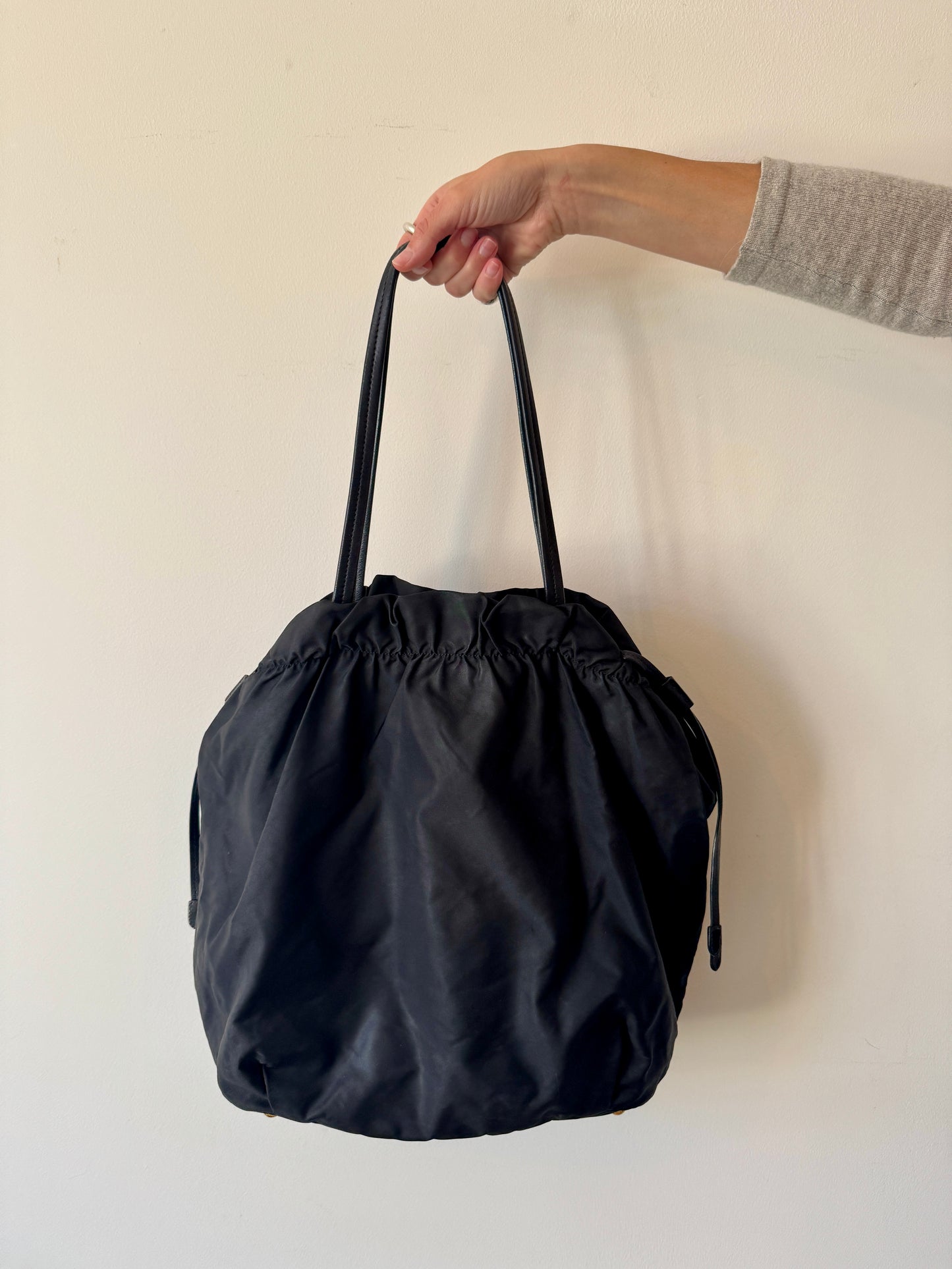 Prada Black Tessuto Nylon Jacquard Logo Tote with Leather Trim