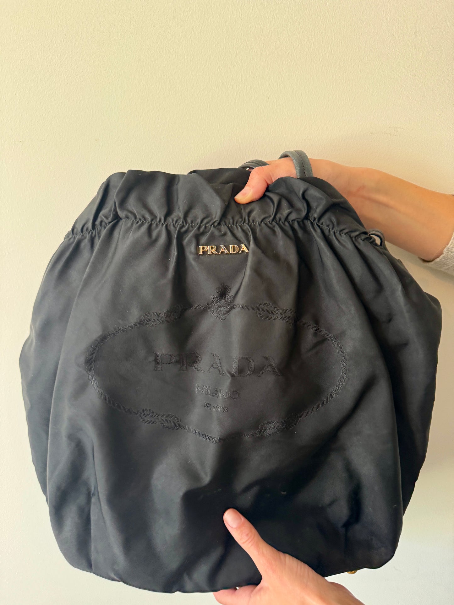 Prada Black Tessuto Nylon Jacquard Logo Tote with Leather Trim