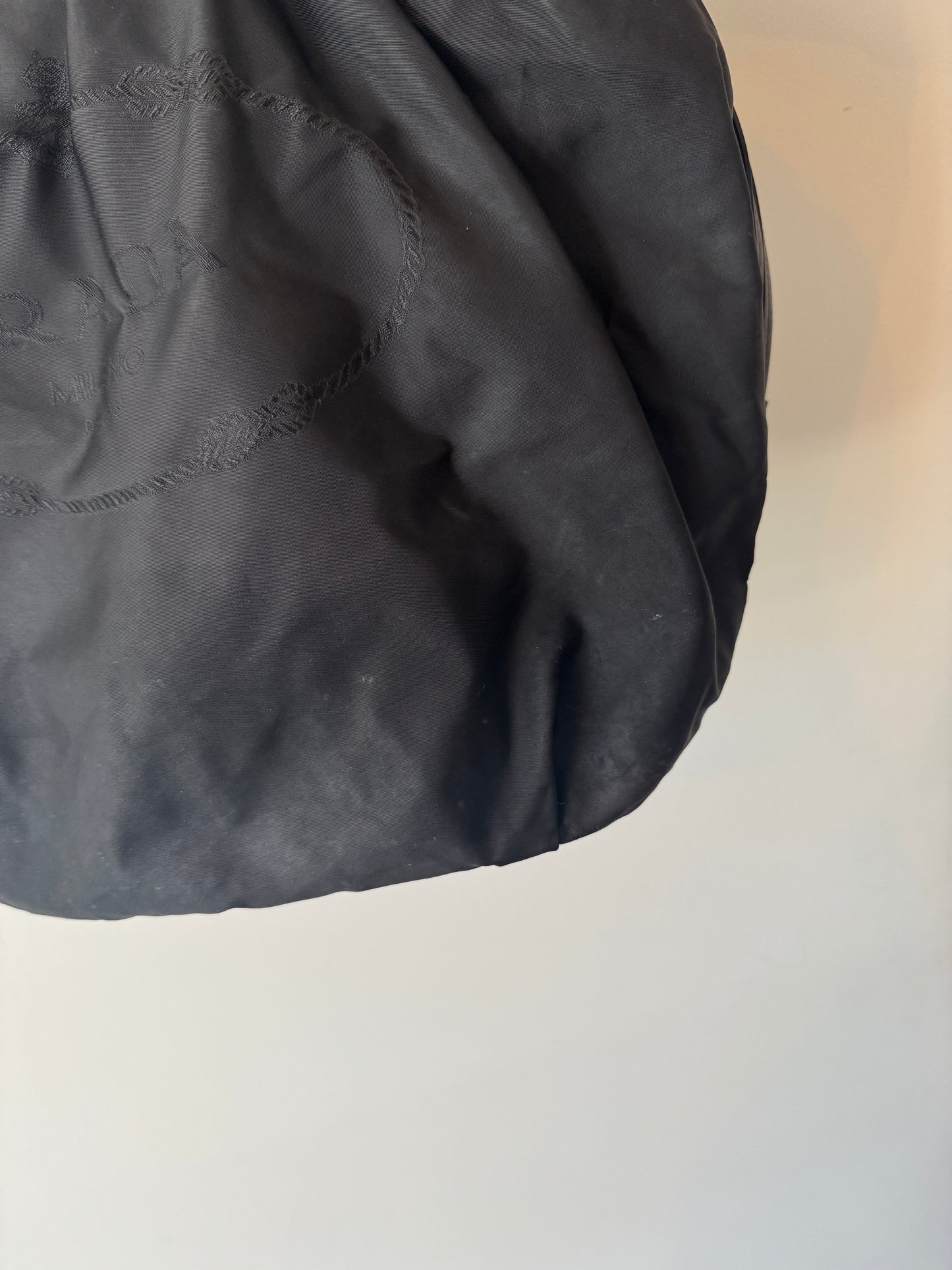 Prada Black Tessuto Nylon Jacquard Logo Tote with Leather Trim