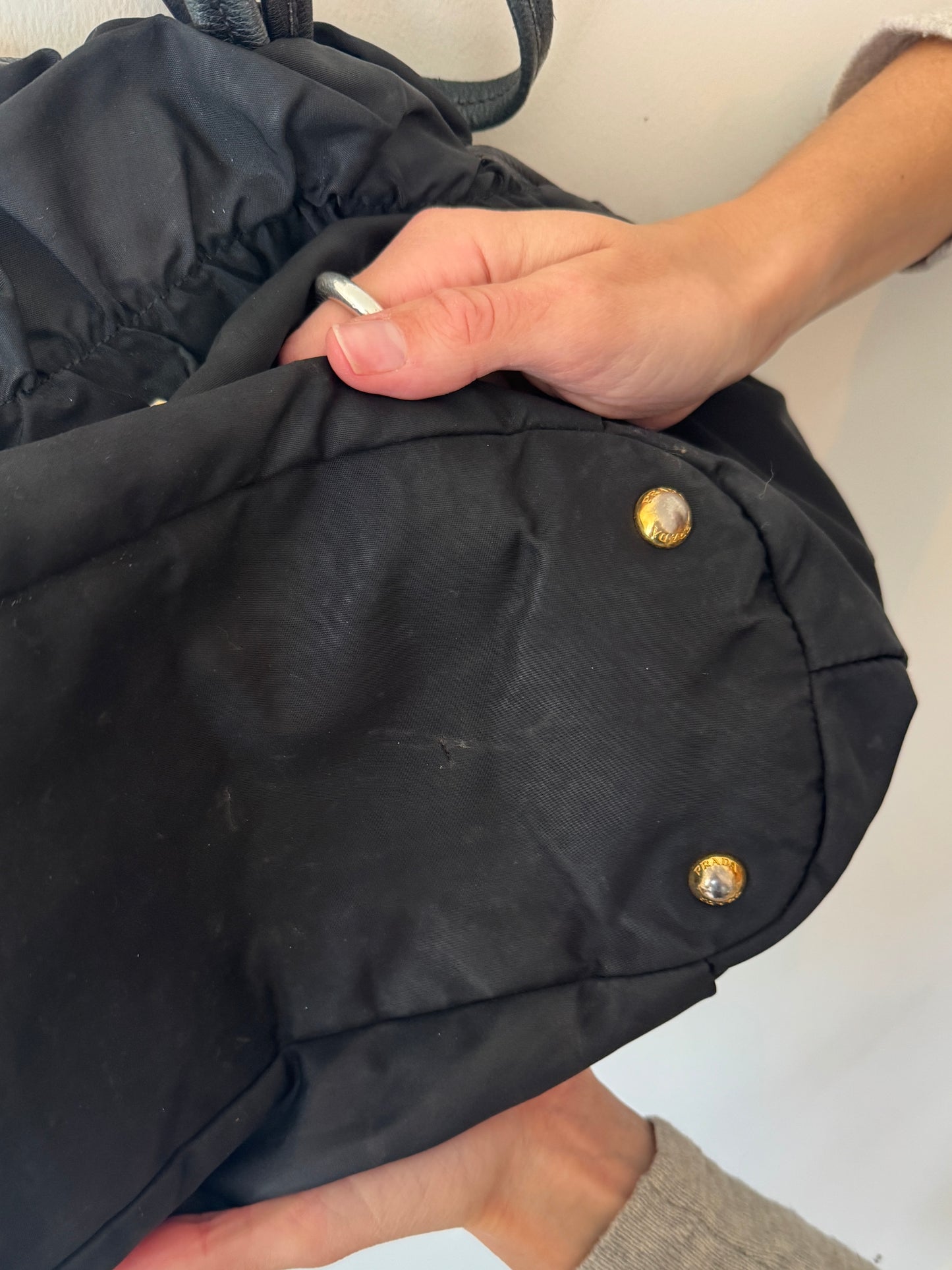 Prada Black Tessuto Nylon Jacquard Logo Tote with Leather Trim