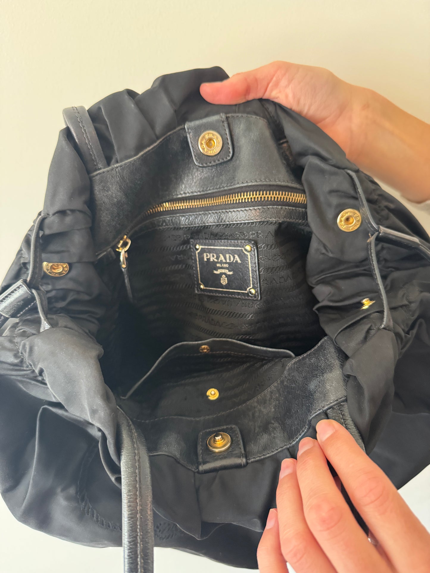 Prada Black Tessuto Nylon Jacquard Logo Tote with Leather Trim