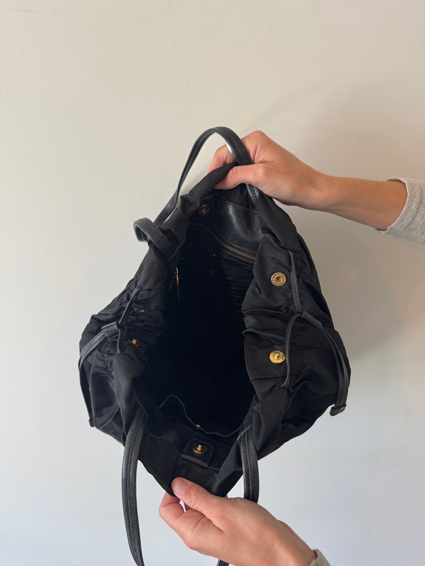 Prada Black Tessuto Nylon Jacquard Logo Tote with Leather Trim