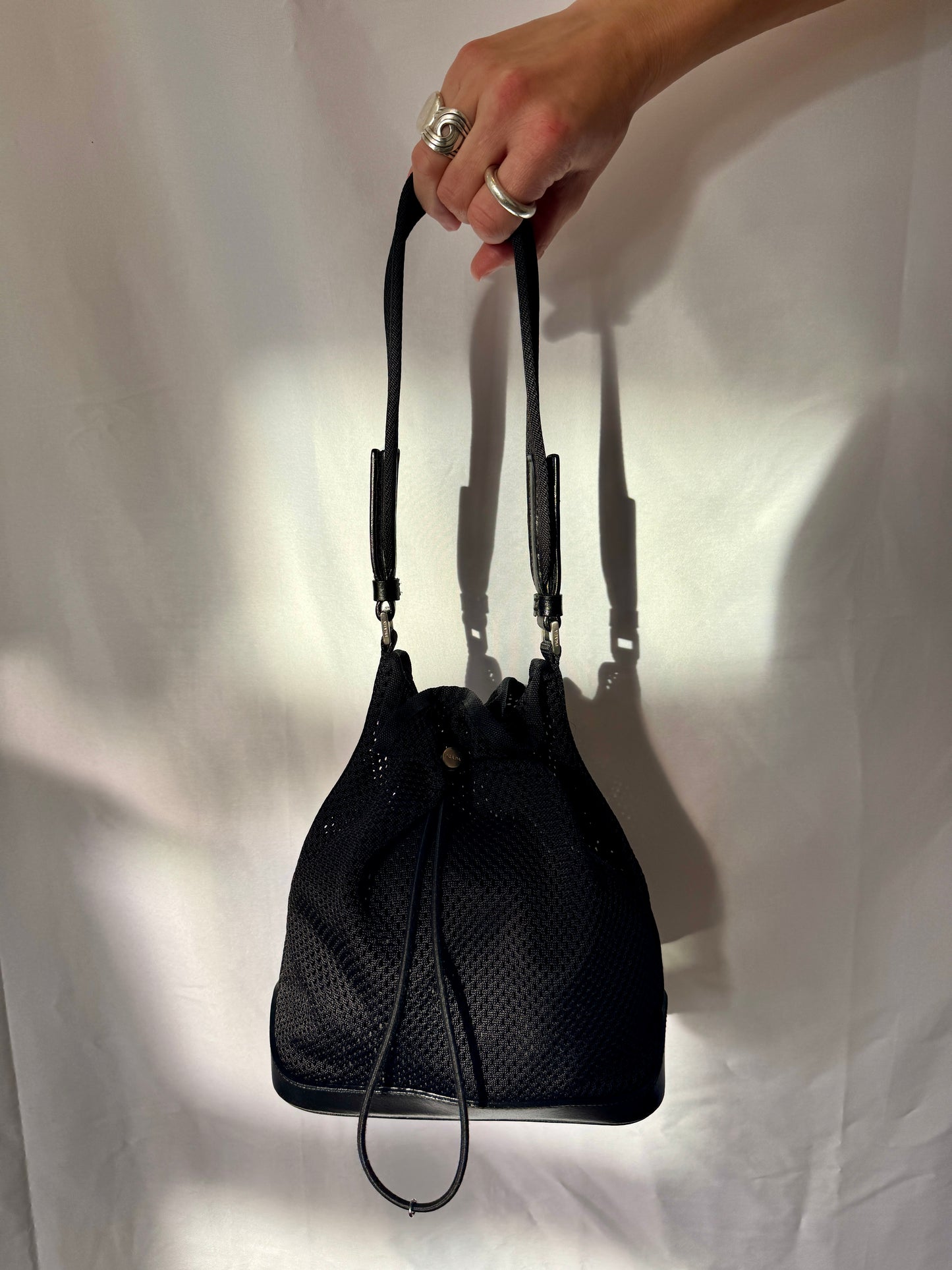 Prada Black Mesh Bucket Bag with Leather Trim
