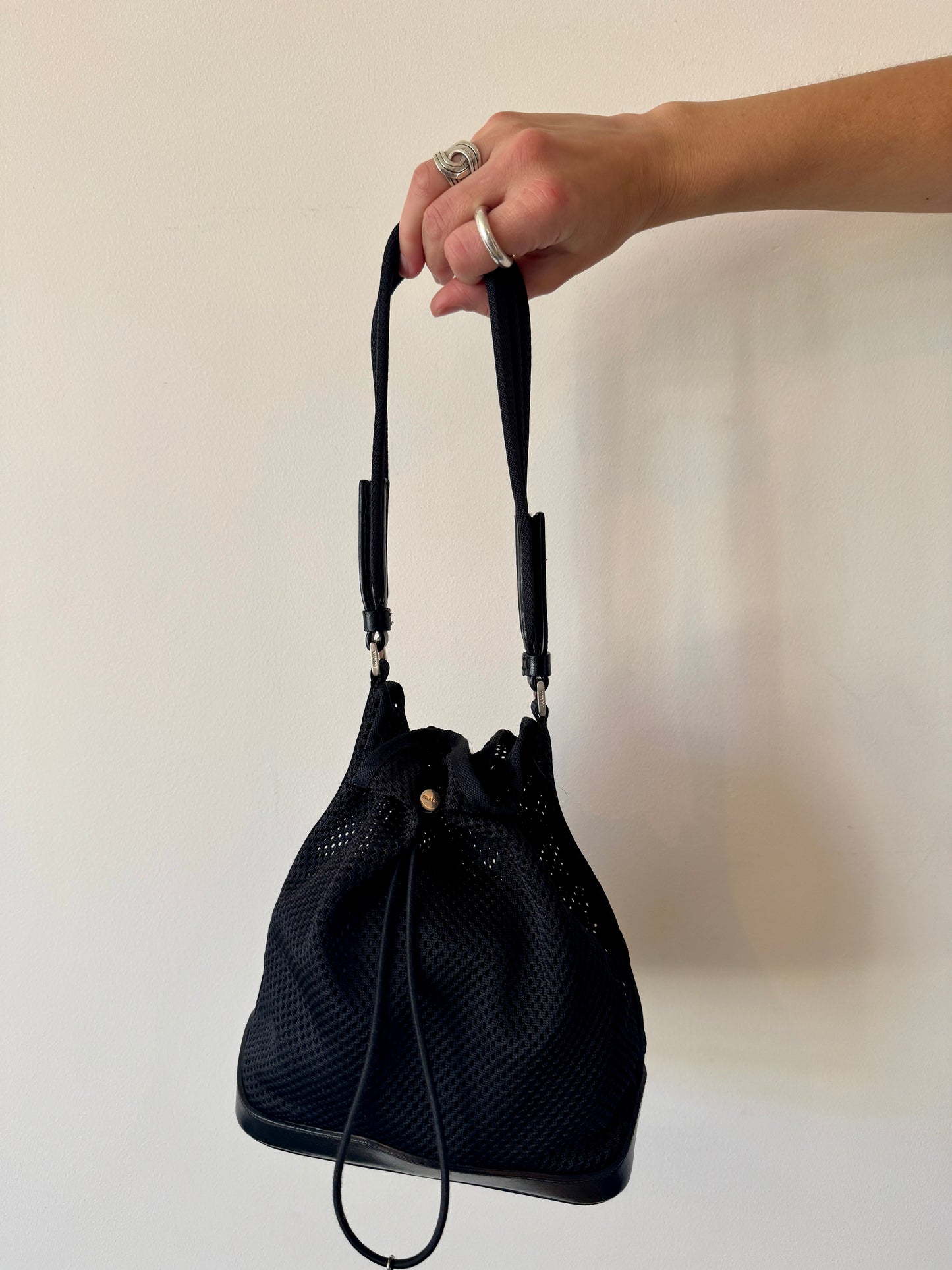 Prada Black Mesh Bucket Bag with Leather Trim