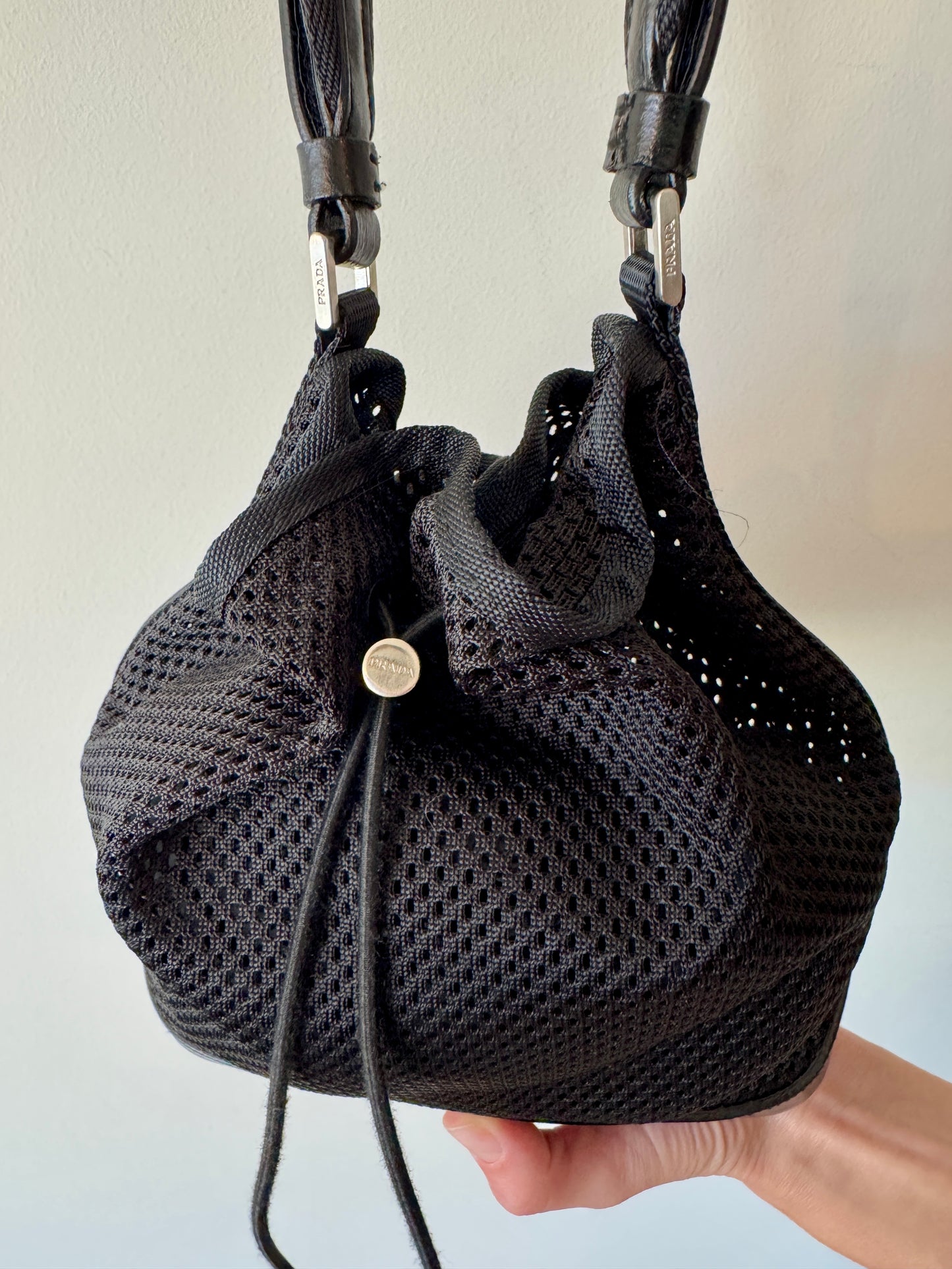 Prada Black Mesh Bucket Bag with Leather Trim