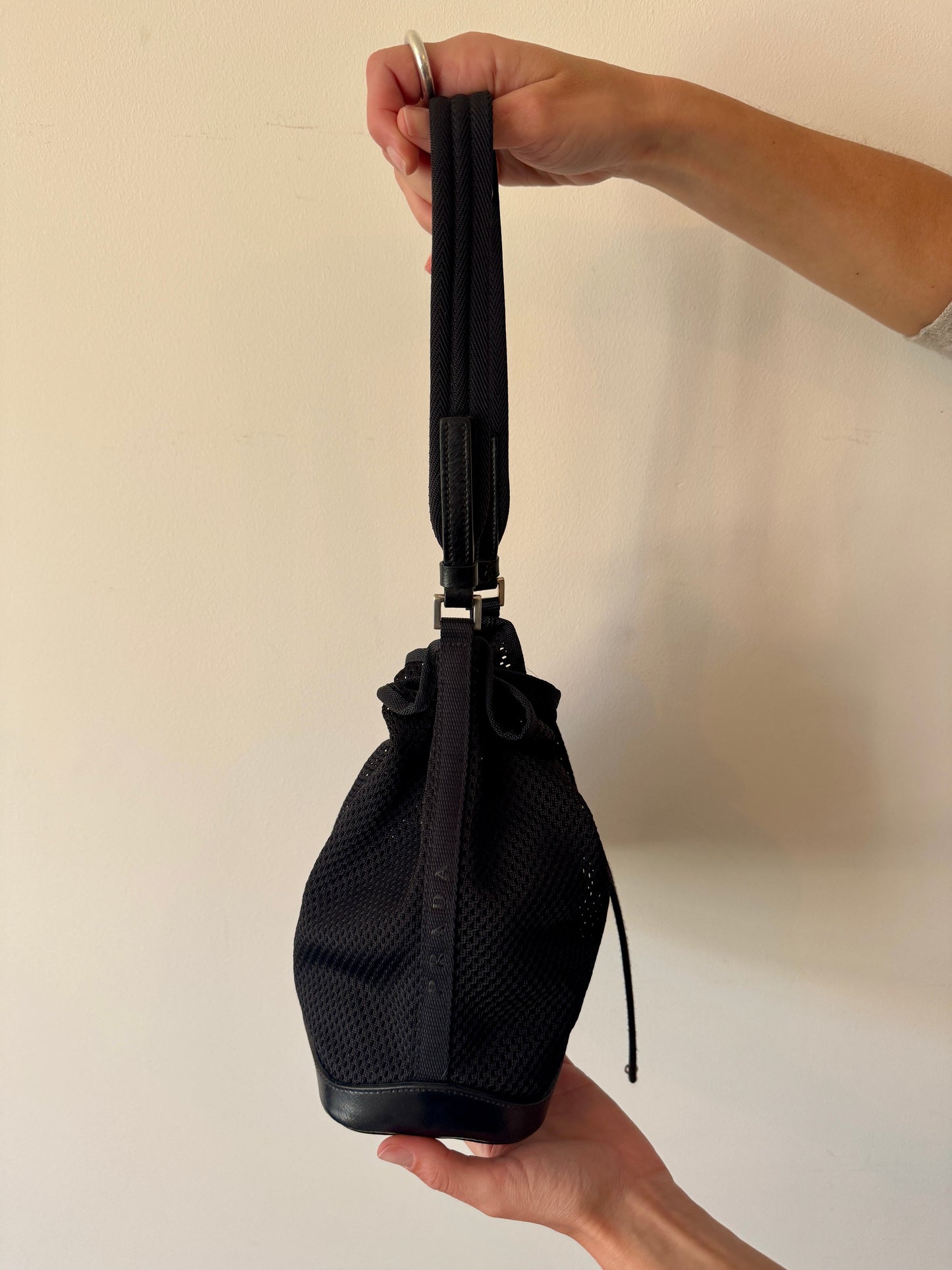 Prada Black Mesh Bucket Bag with Leather Trim