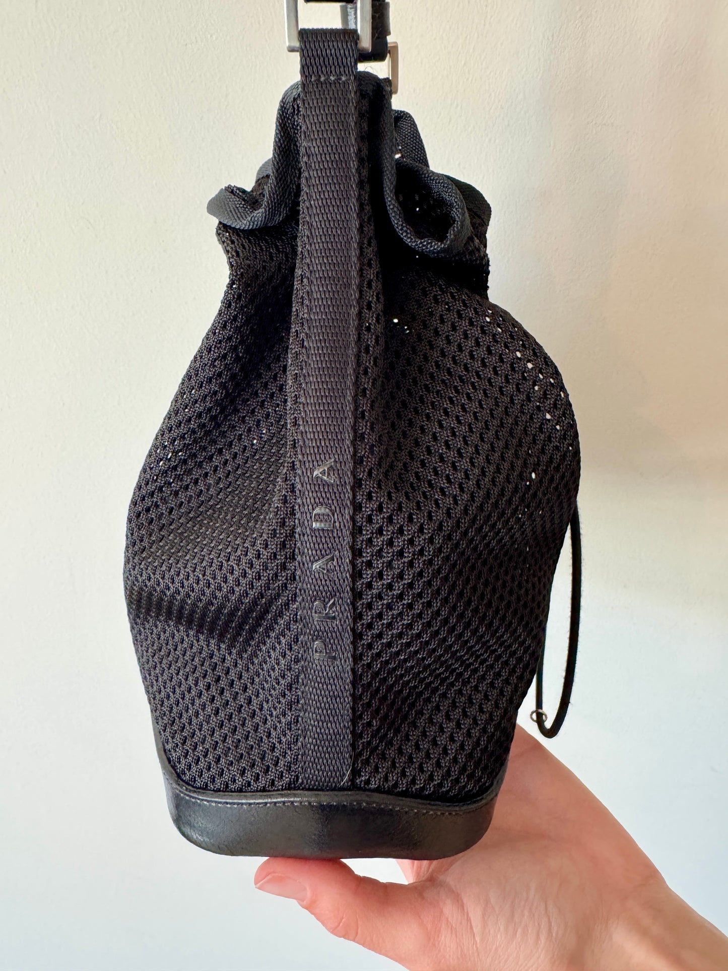 Prada Black Mesh Bucket Bag with Leather Trim