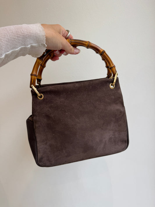 Gucci Brown Suede Bamboo Top Handle Bag - 90s