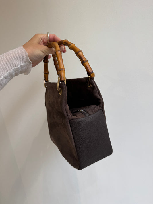 Gucci Brown Suede Bamboo Top Handle Bag - 90s