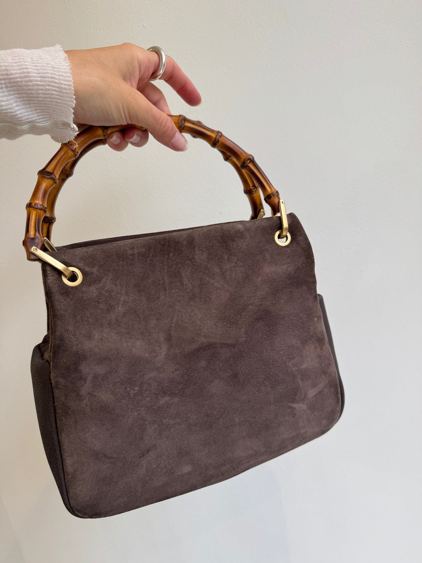 Gucci Brown Suede Bamboo Top Handle Bag - 90s