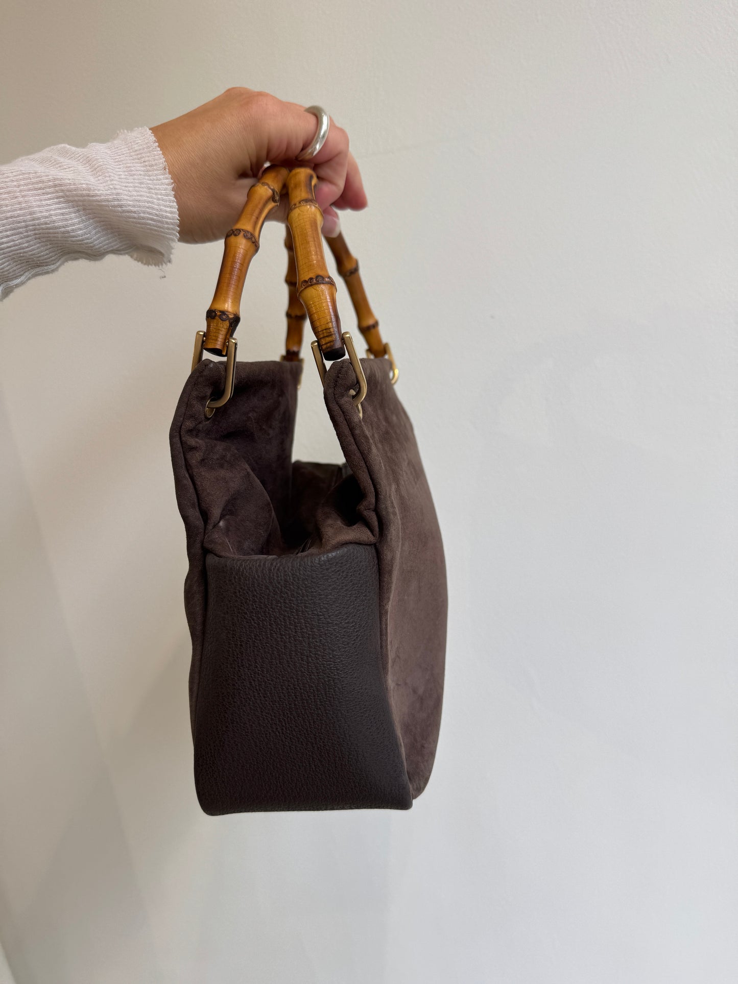 Gucci Brown Suede Bamboo Top Handle Bag - 90s