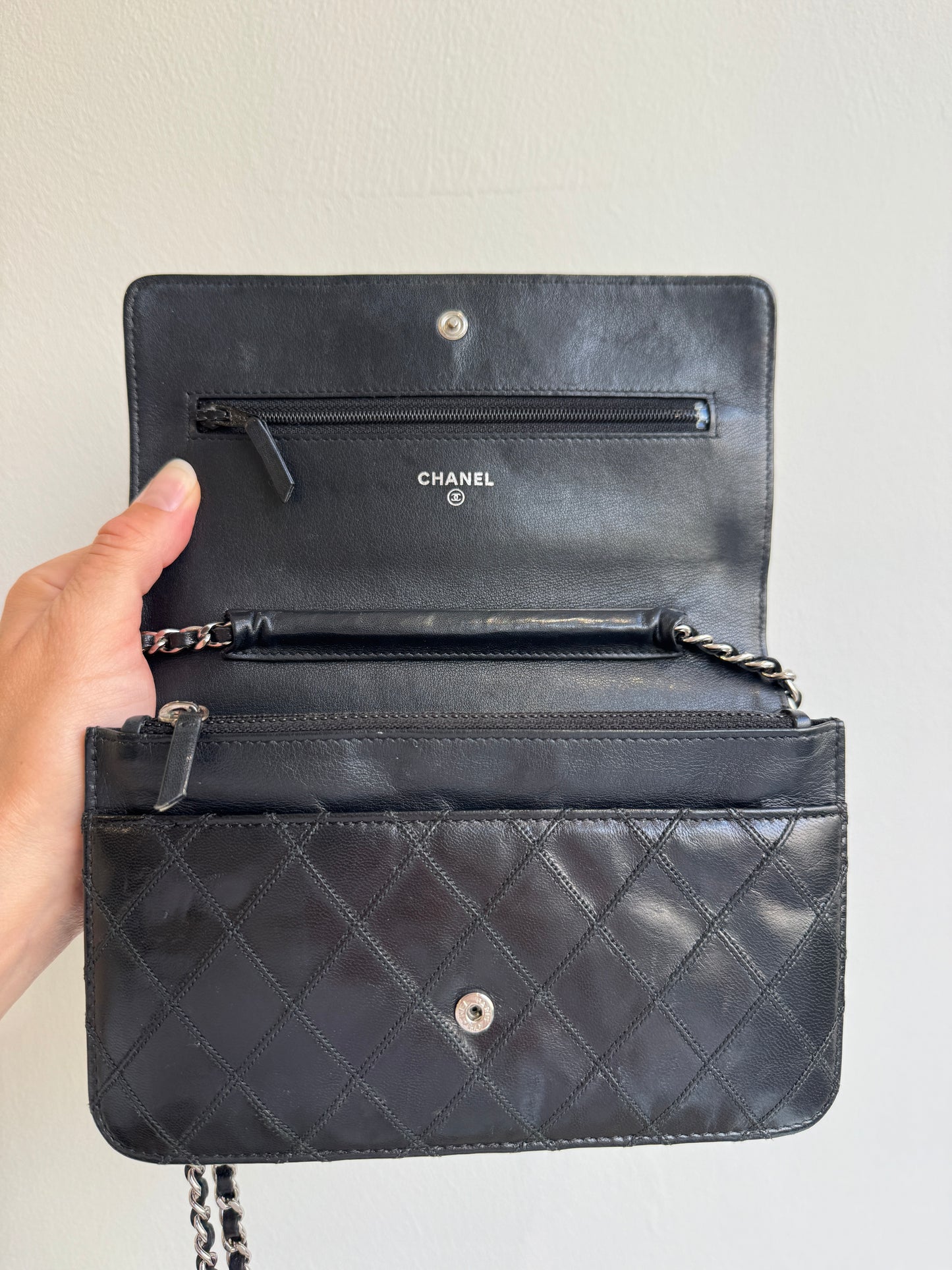 Chanel Classic Quilted Wallet on Chain (WOC) – Black Lambskin, Silver Hardware, 2010–2011