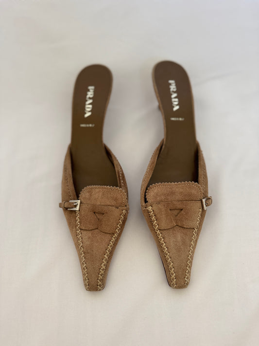 Prada Whipstitch Suede Kitten Heel Mules