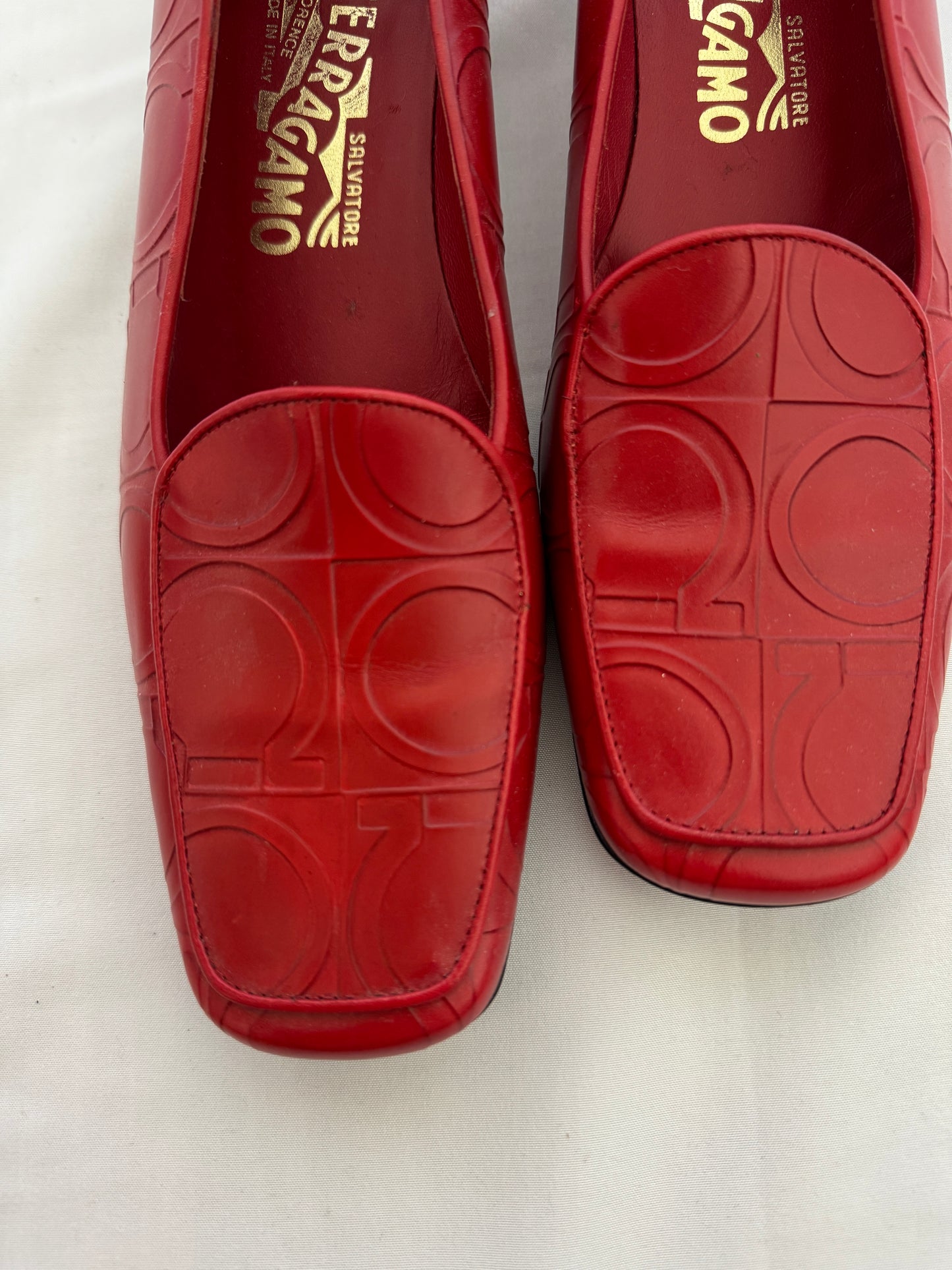 Ferragamo Red Embossed Leather Heeled Loafers