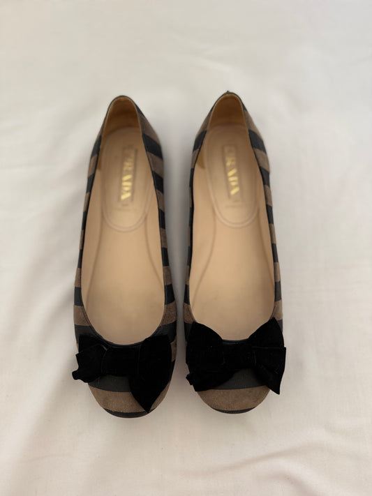 Prada Striped Suede Ballet Flats with Bow