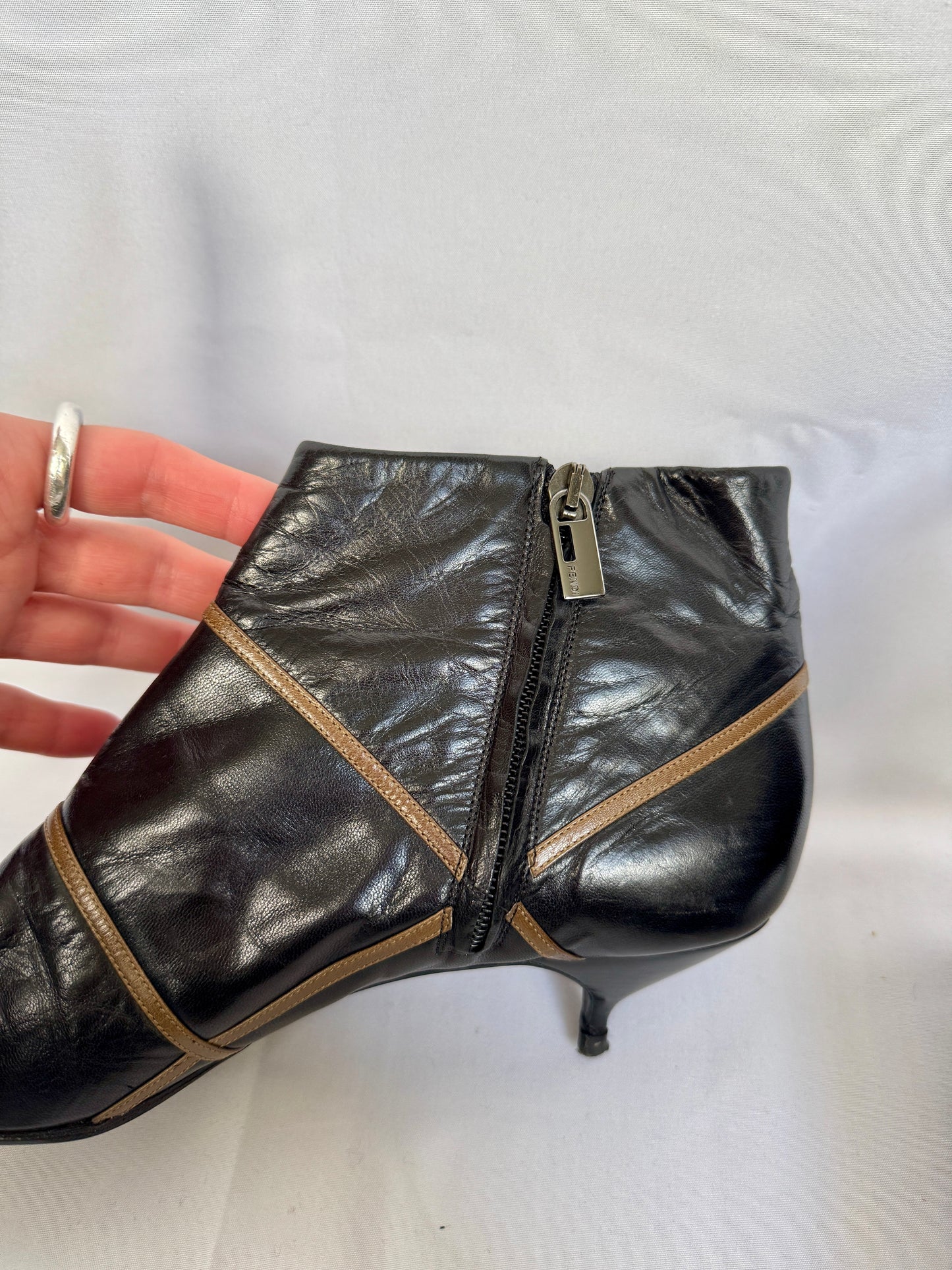 Fendi Pointed Kitten-Heel Ankle Boots w/ Contrast Piping — Black/Taupe, Dust Bag