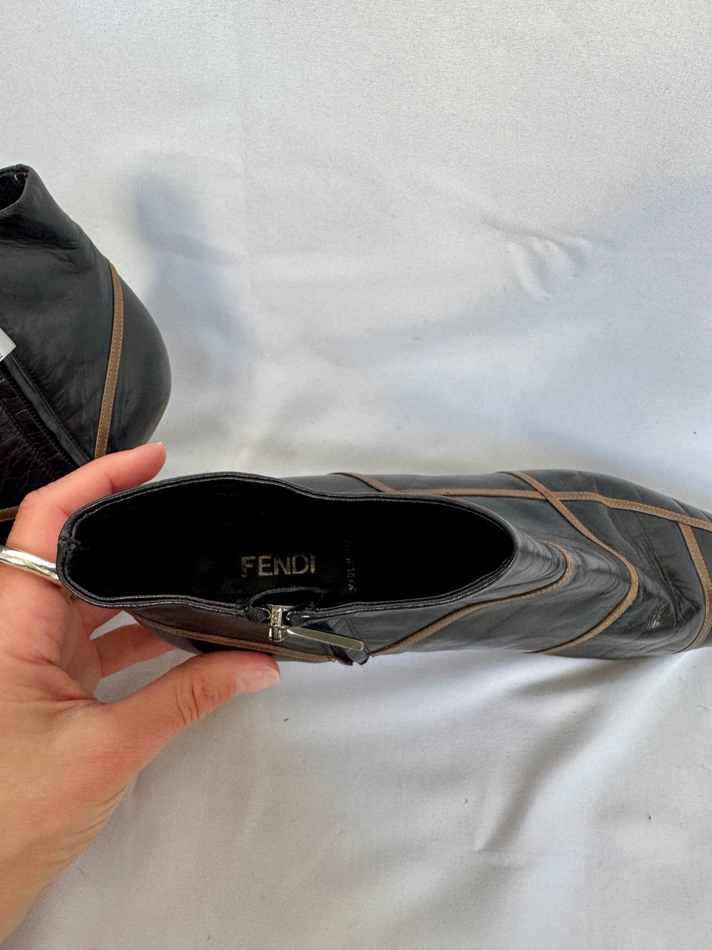 Fendi Pointed Kitten-Heel Ankle Boots w/ Contrast Piping — Black/Taupe, Dust Bag