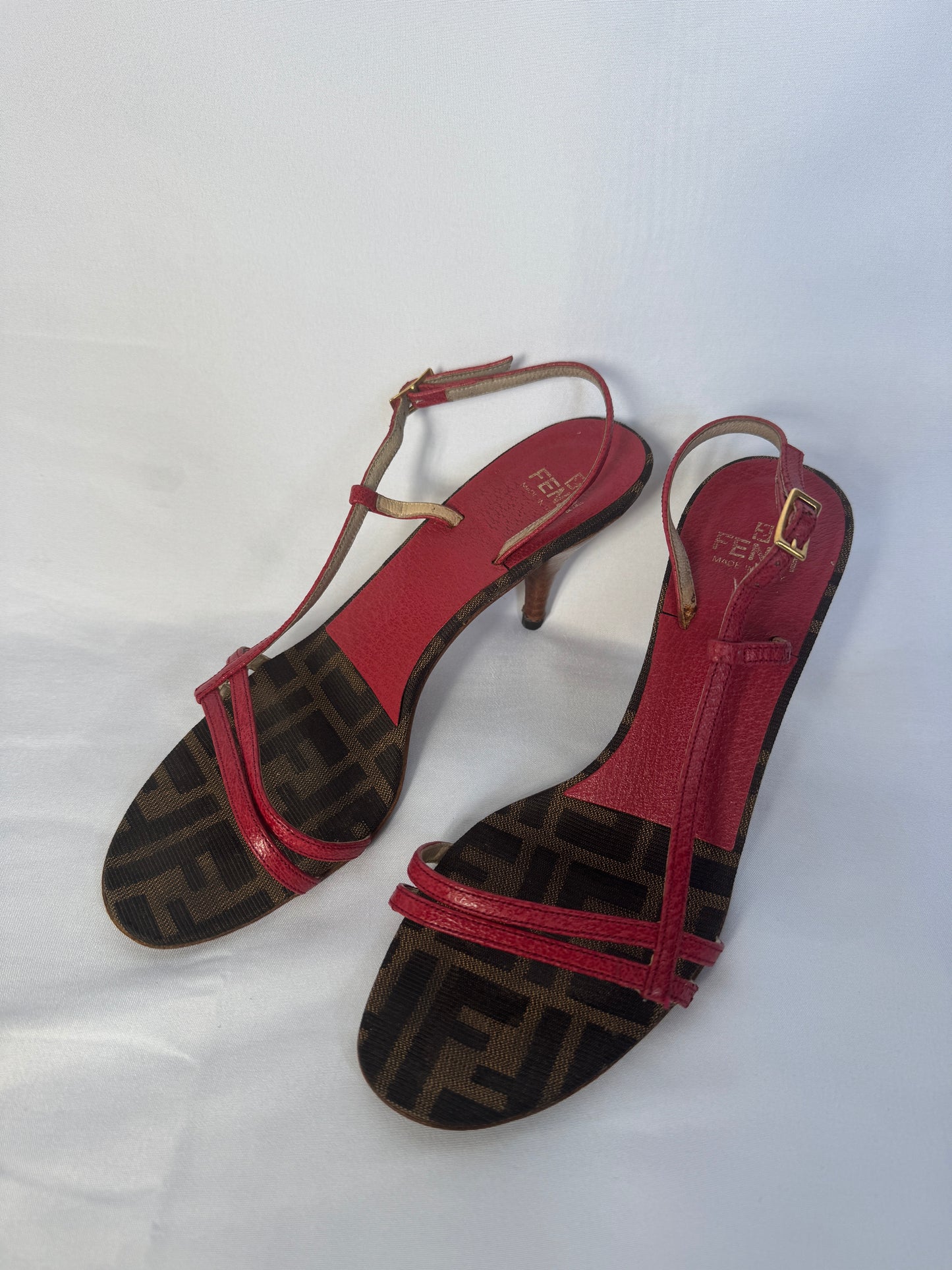 Fendi Red & FF Monogram T-Strap Heels