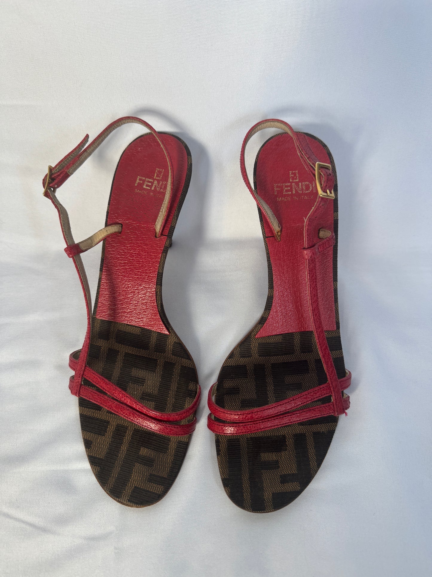 Fendi Red & FF Monogram T-Strap Heels